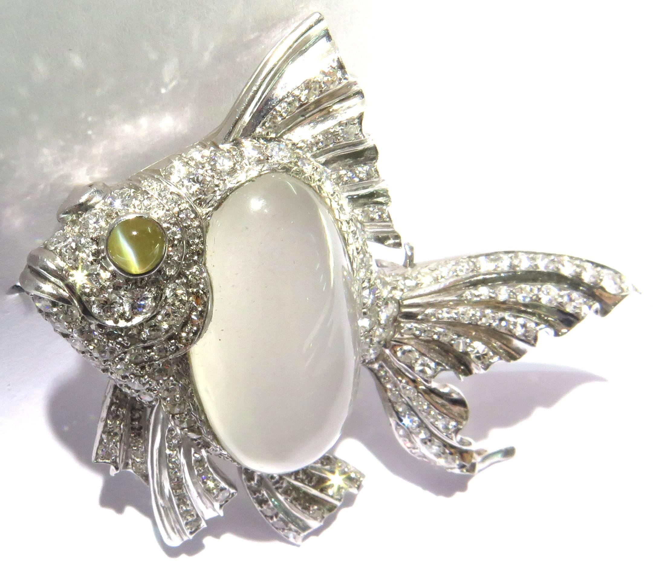Platinum Fish Pin Accented with Diamonds Moonstone and Chrysoberyl Cats Eye Pin For Sale 4