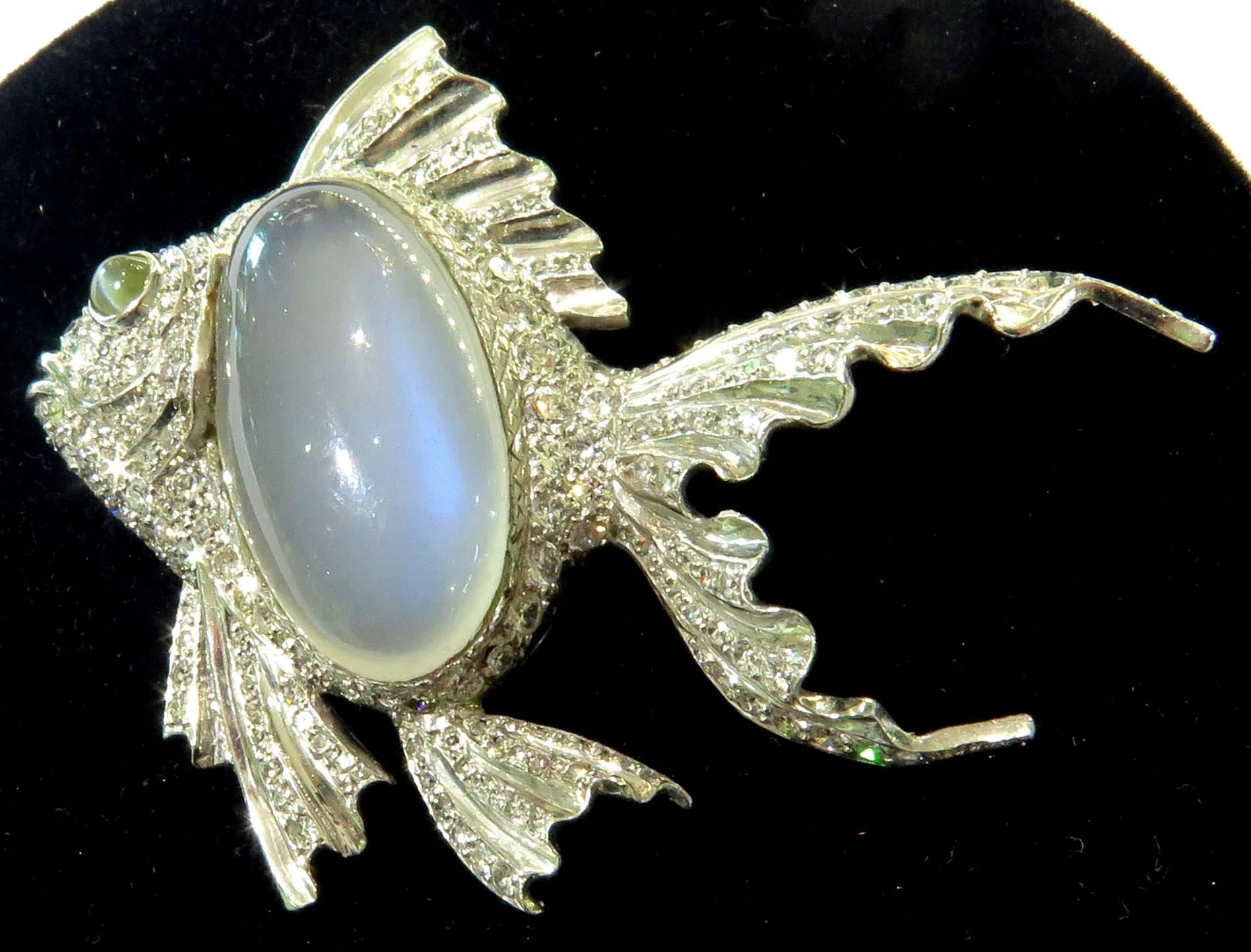 Platinum Fish Pin Accented with Diamonds Moonstone and Chrysoberyl Cats Eye Pin For Sale 5