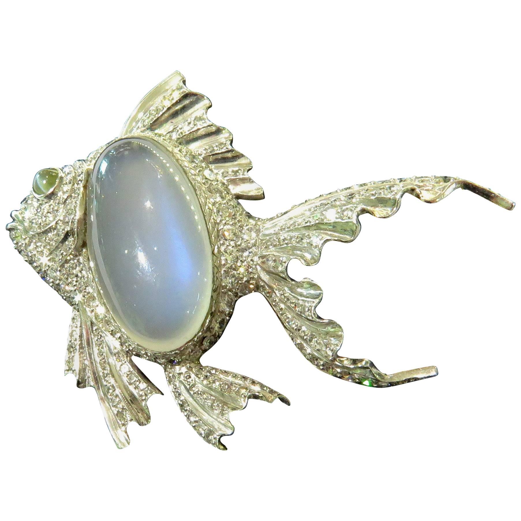 Platinum Fish Pin Accented with Diamonds Moonstone and Chrysoberyl Cats Eye Pin For Sale