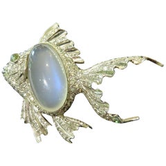 Vintage Platinum Fish Pin Accented with Diamonds Moonstone and Chrysoberyl Cats Eye Pin