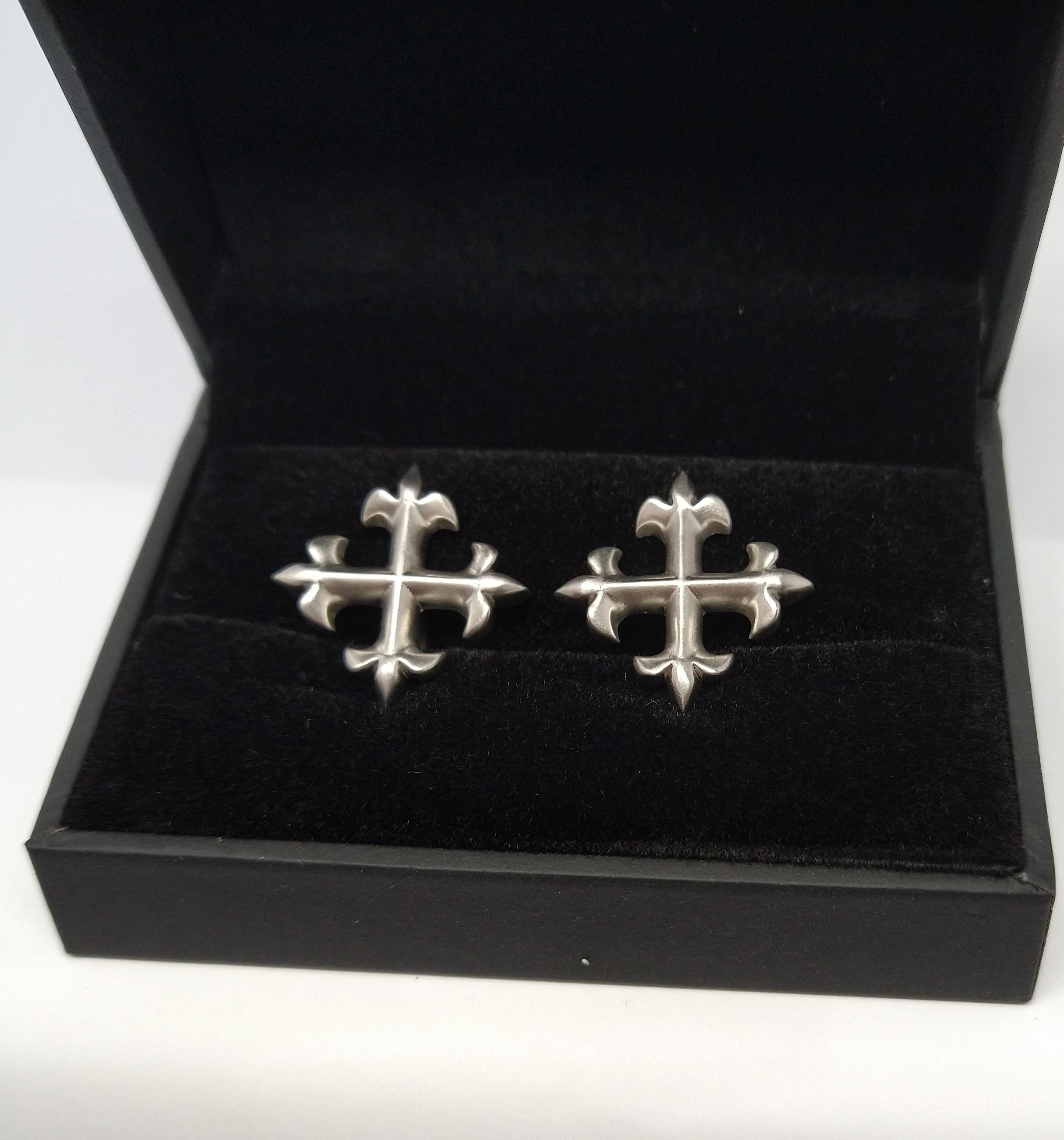  Platinum  West 46 Cross Cuff Links,  This Fleur de Lis Cross is inspired from a stain glass window in a church on west 46th street.. The royal stylized lily made of 3 petals  is known from the former Royals of Arms of France. In scripture the lily