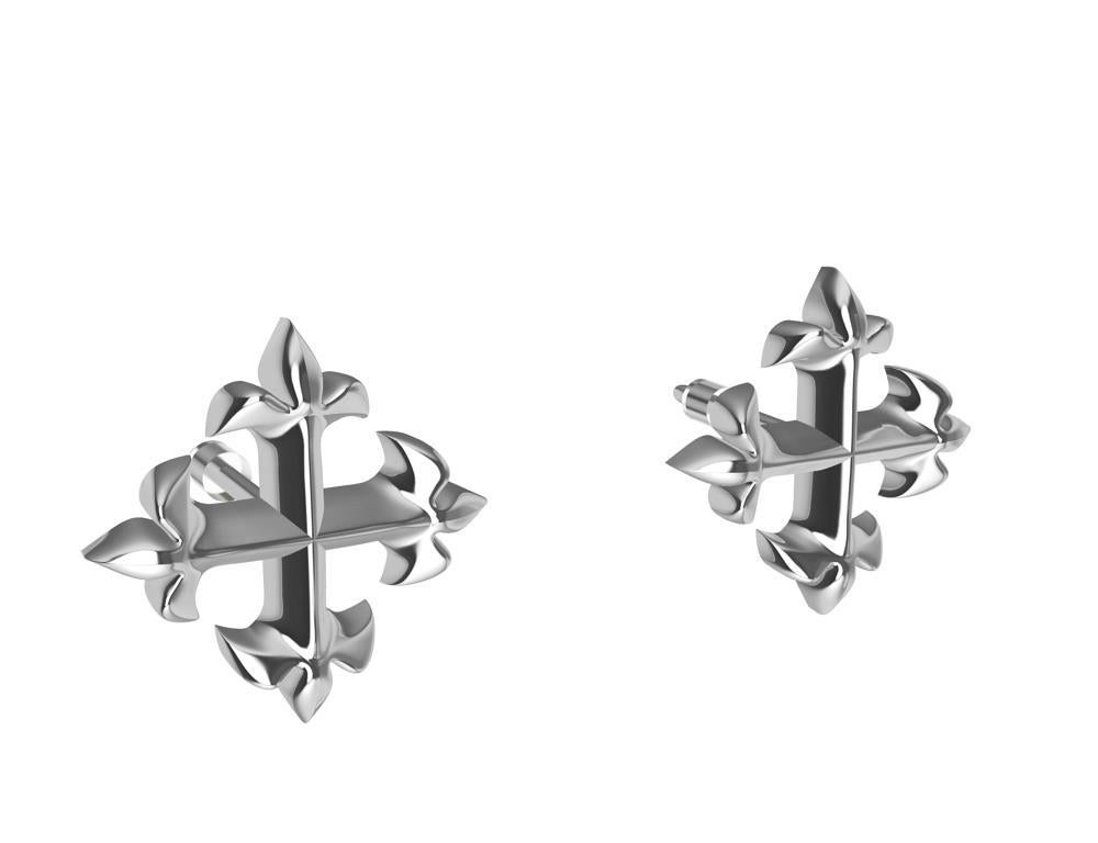  Platinum  West 46 Cross Stud Earrings,  This Fleur de Lis Cross is inspired from a stain glass window from a church on west 46th street, NYC. The royal stylized lily made of 3 petals  is known from the former Royals of Arms of France. In scripture