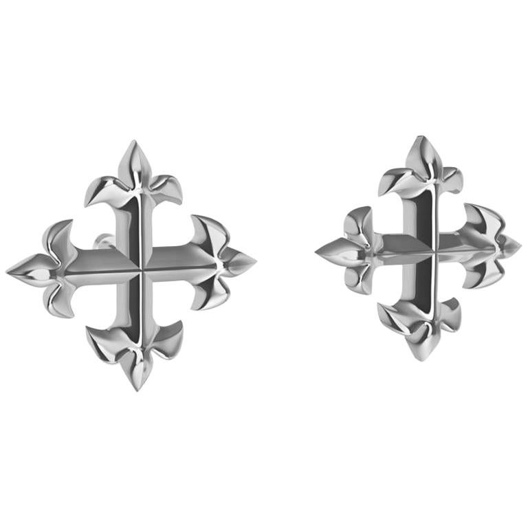 Platinum Fleur-de-Lis Cross Stud Earrings