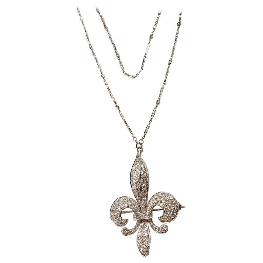 Halskette aus Platin mit Fleur-de-Lis-Diamant-Brosche-Anhänger