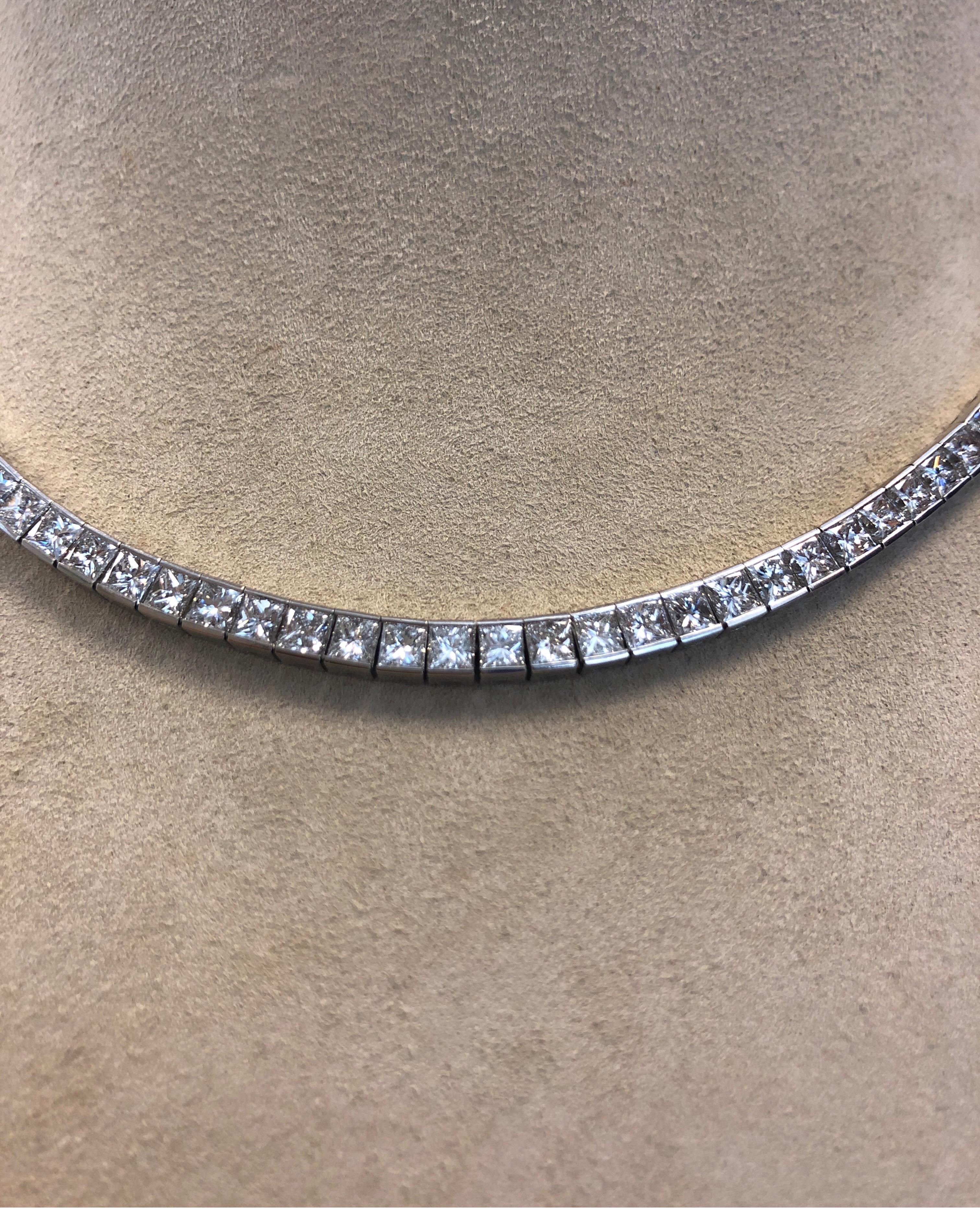 Contemporary Platinum Flexible Necklace, Channel Set with 98 Square Princess Cut Diamonds