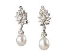 Platinum Floral Diamond and Pearl Drop Earrings