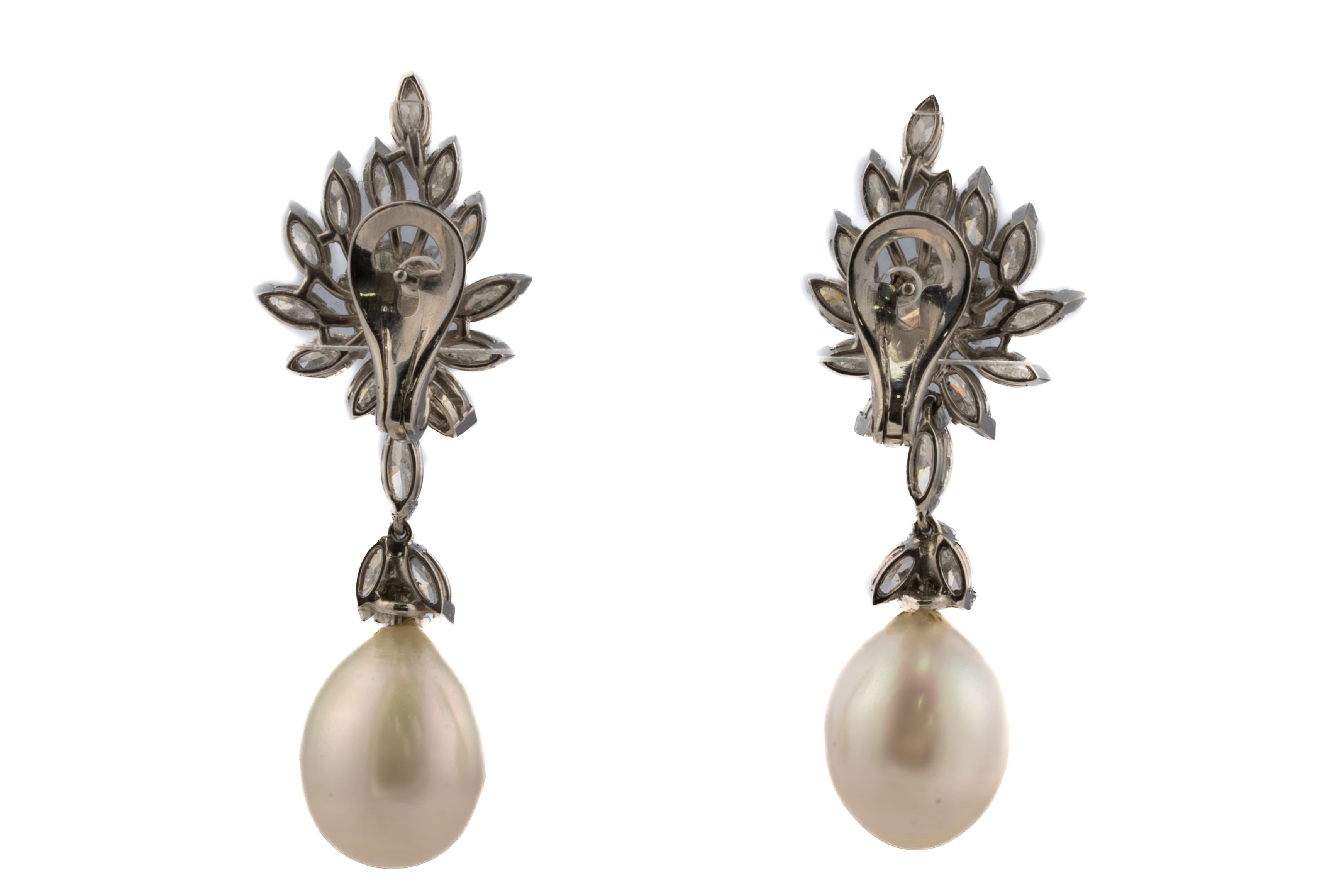 Brilliant Cut Platinum Floral Diamond and Pearl Drop Earrings For Sale