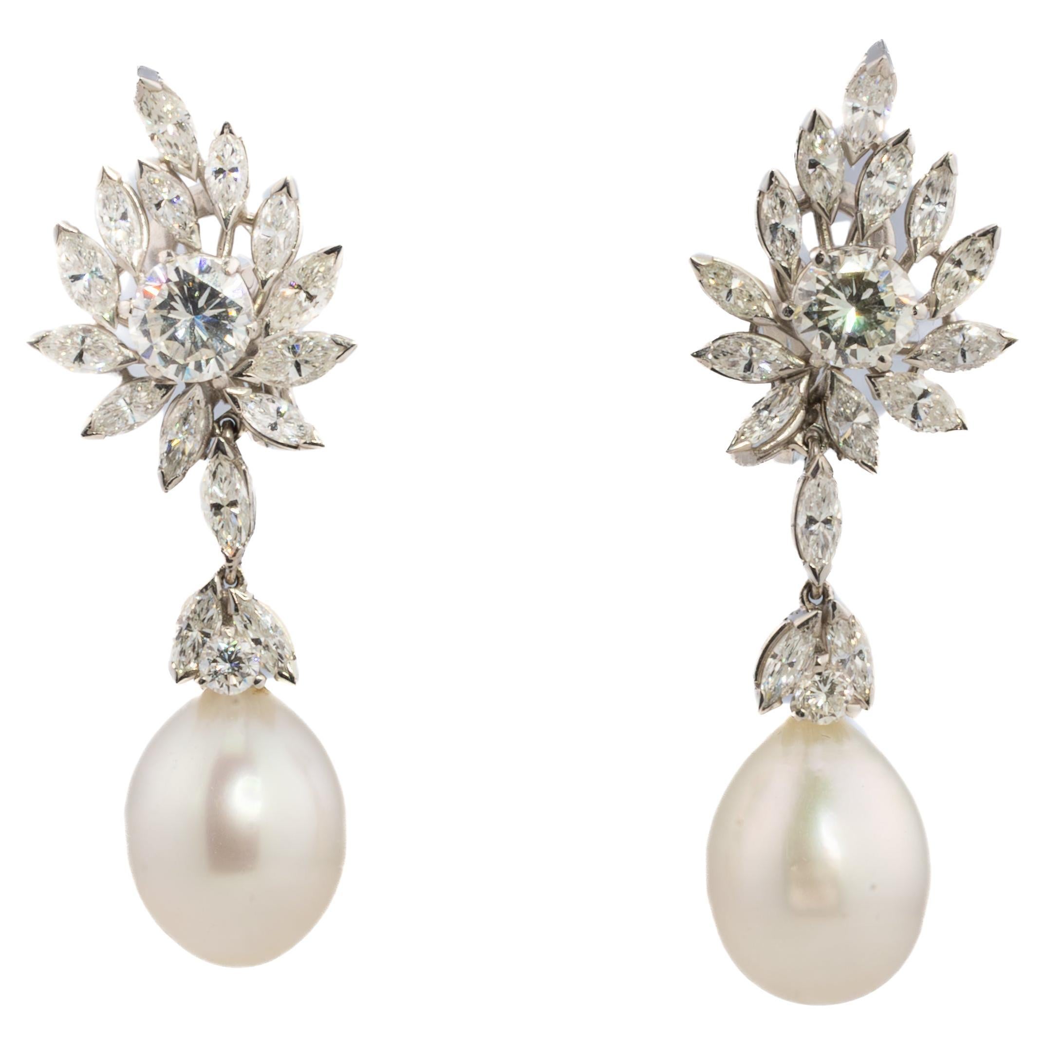 Platinum Floral Diamond and Pearl Drop Earrings en vente