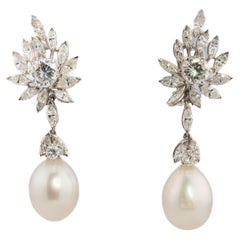 Platinum Floral Diamond and Pearl Drop Earrings