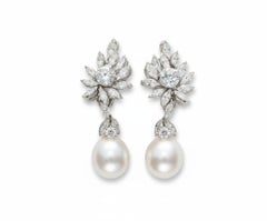 Platinum Floral Diamond and Pearl Drop Earrings