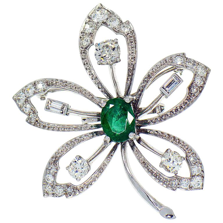  Platinum Flower Brooch, 2.10 Carat Emerald, 1.75 Carat Diamond For Sale