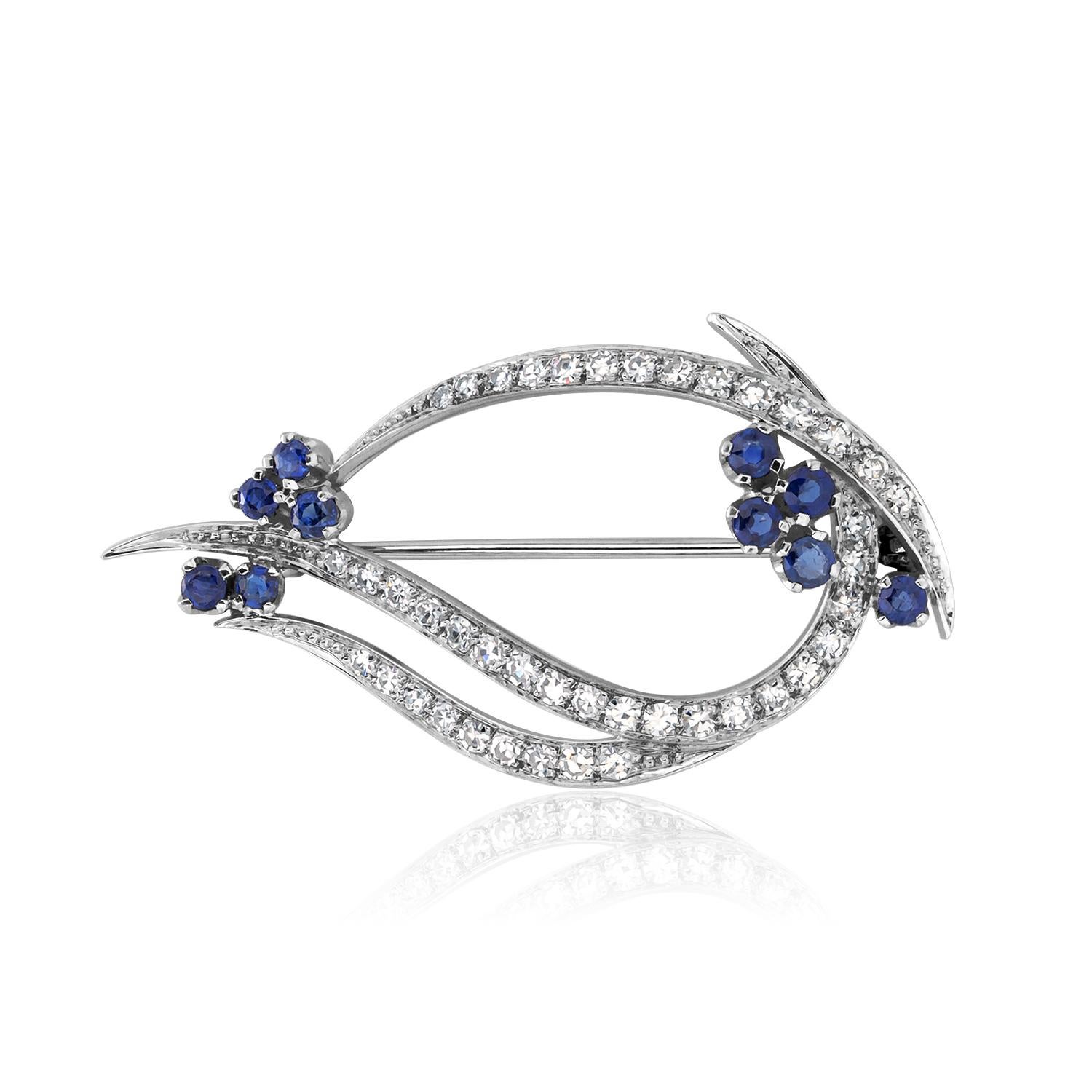 Women's or Men's Platinum 1.75 Inch Flower Cluster Spray Brooch Diamond Leaves and Sapphires  For Sale