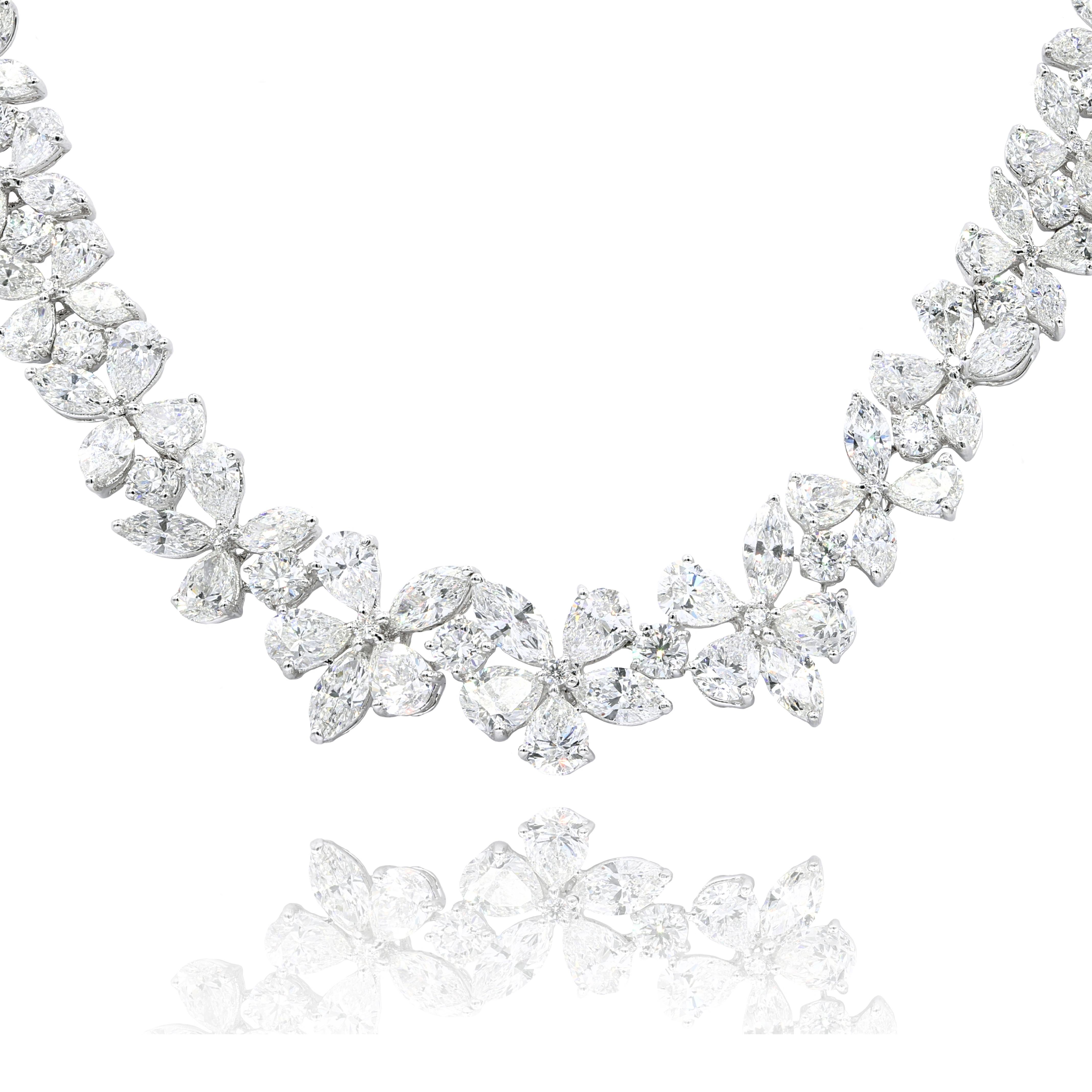 Platinum flower diamond necklace features 52.20 ct of round, marquise and pear shape diamonds