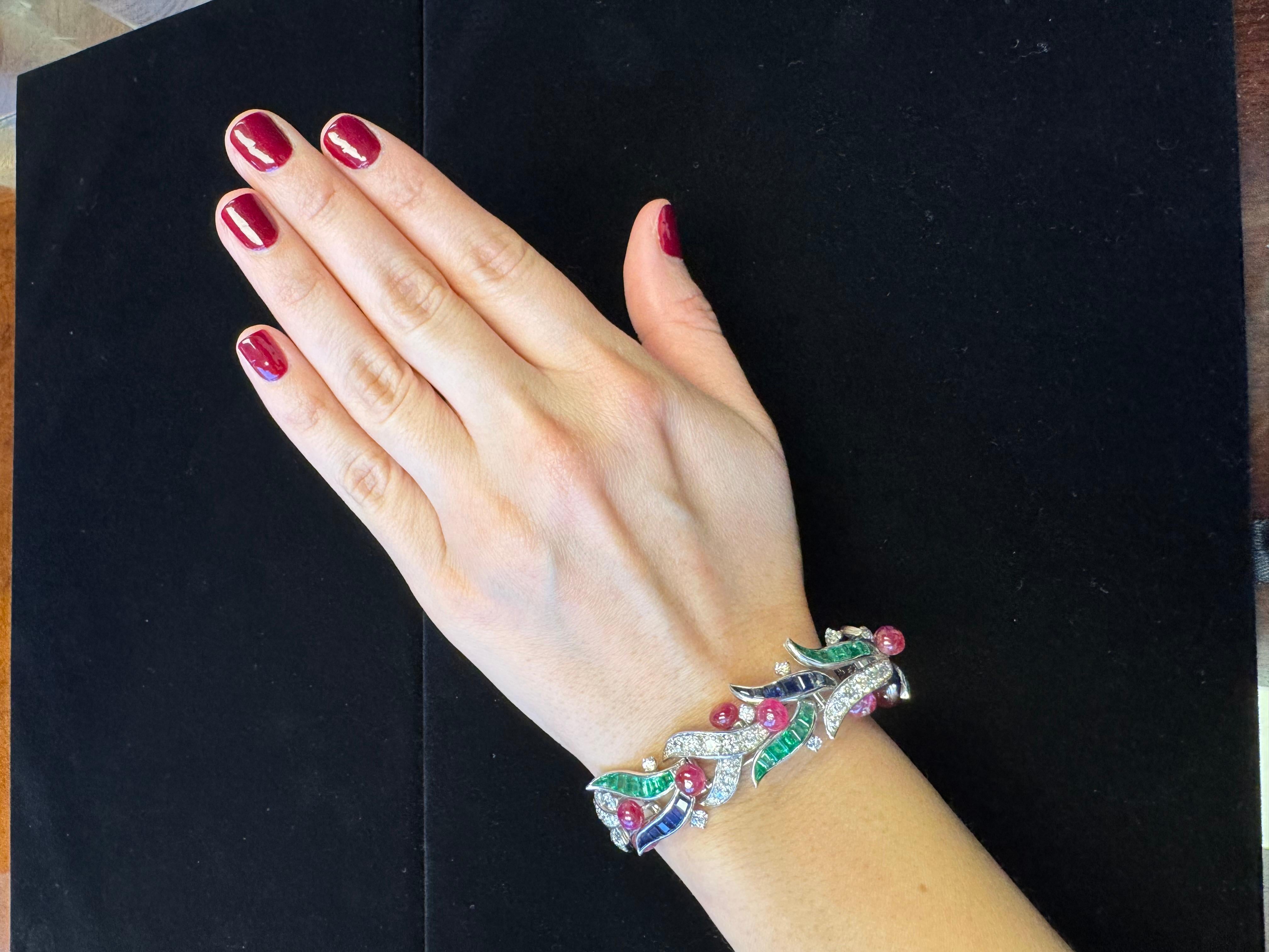 Platinum Foliate Bracelet with Cabochon Rubies, Sapphires, Emeralds, & Diamonds For Sale 5
