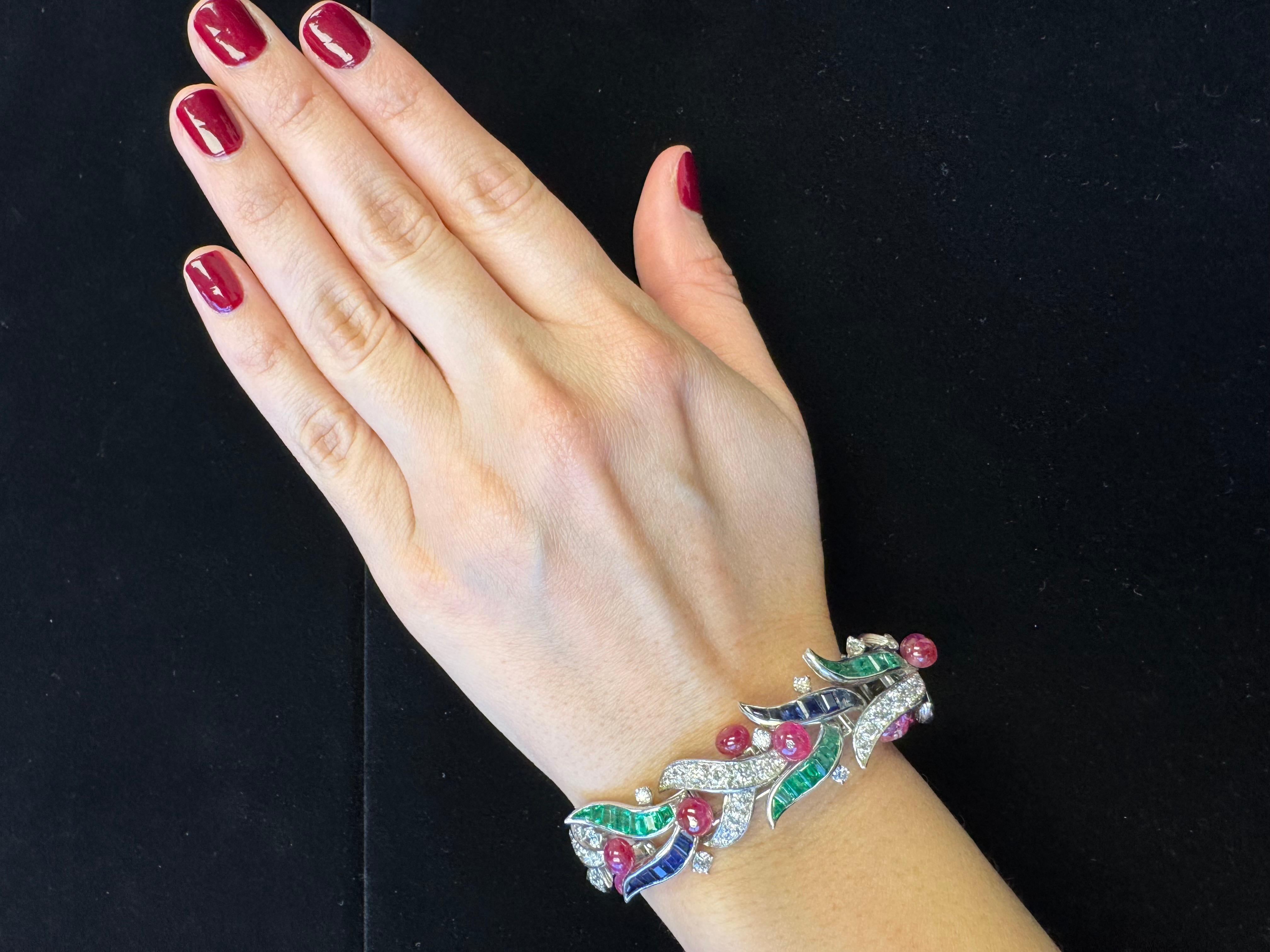 Platinum Foliate Bracelet with Cabochon Rubies, Sapphires, Emeralds, & Diamonds For Sale 6