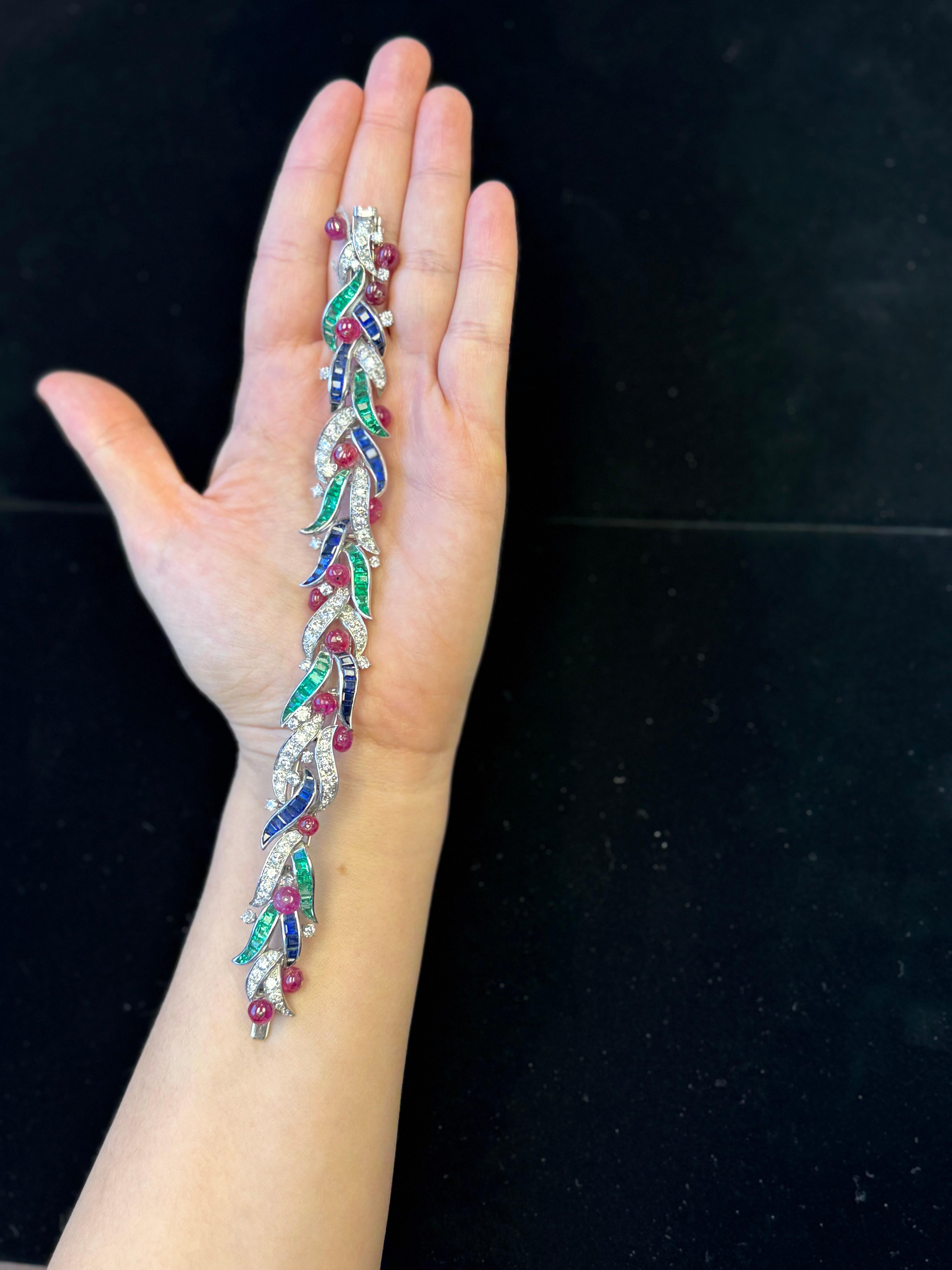 Women's Platinum Foliate Bracelet with Cabochon Rubies, Sapphires, Emeralds, & Diamonds For Sale