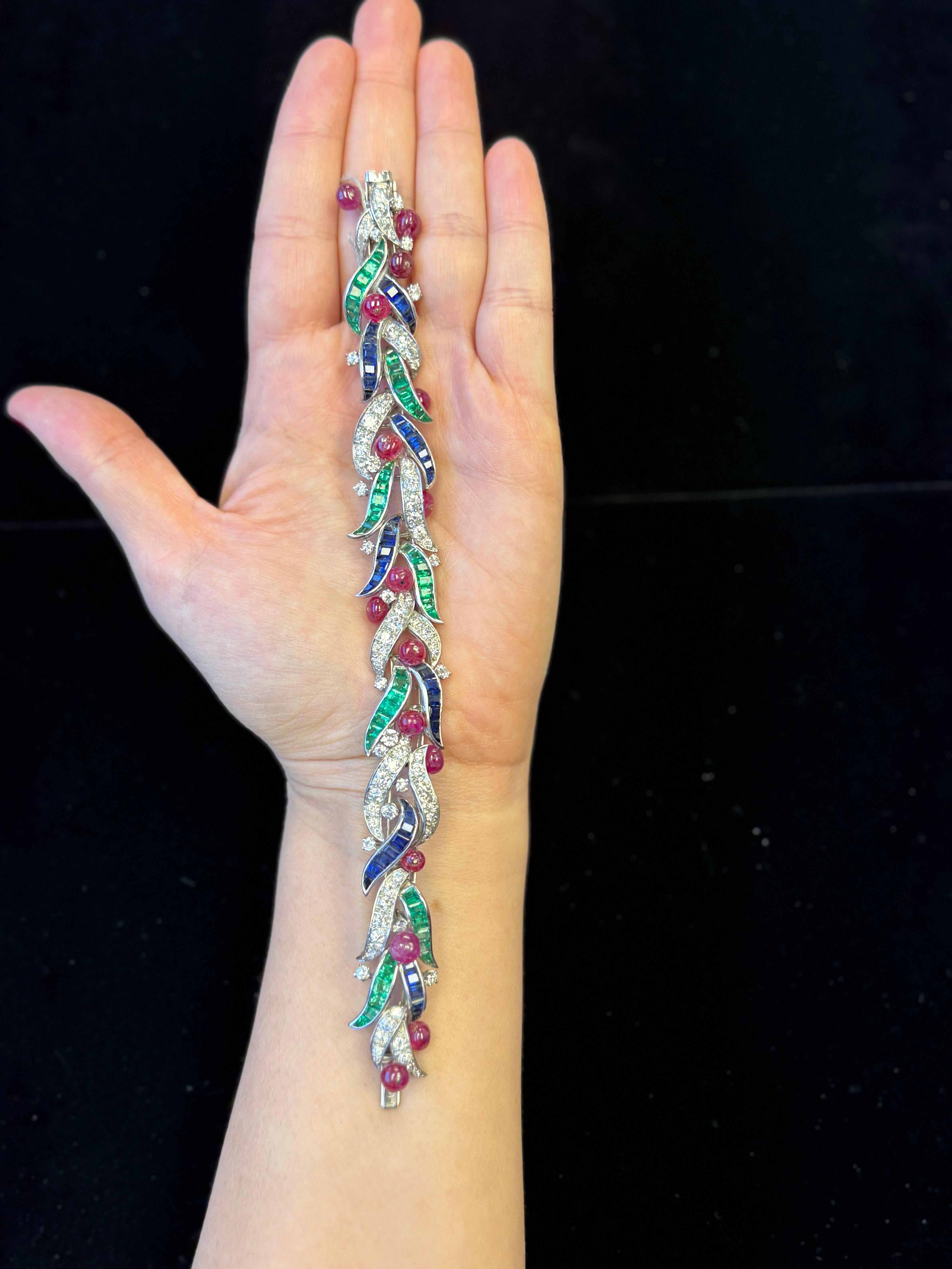 Platinum Foliate Bracelet with Cabochon Rubies, Sapphires, Emeralds, & Diamonds For Sale 1