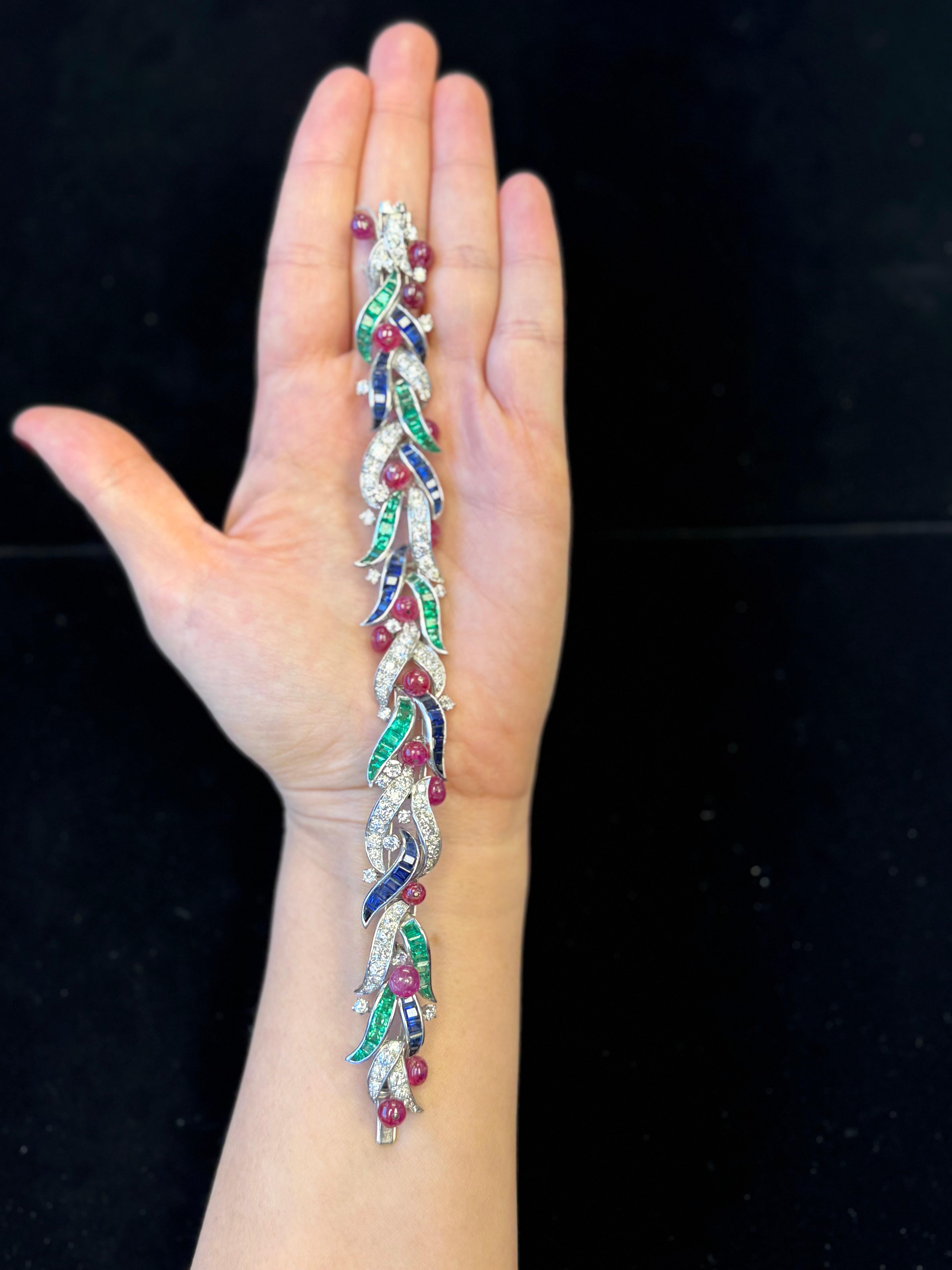 Platinum Foliate Bracelet with Cabochon Rubies, Sapphires, Emeralds, & Diamonds For Sale 2