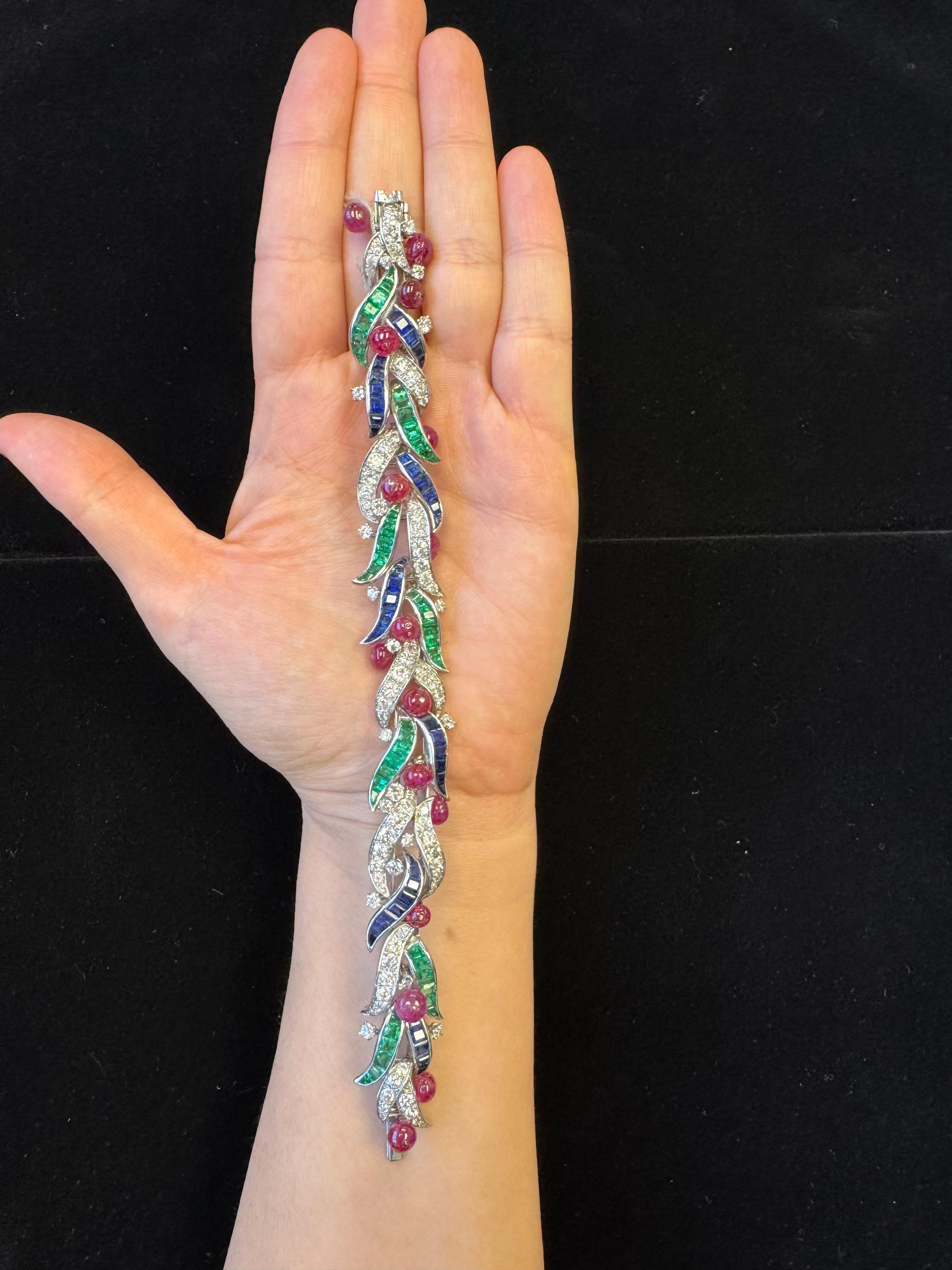 Platinum Foliate Bracelet with Cabochon Rubies, Sapphires, Emeralds, & Diamonds For Sale 3