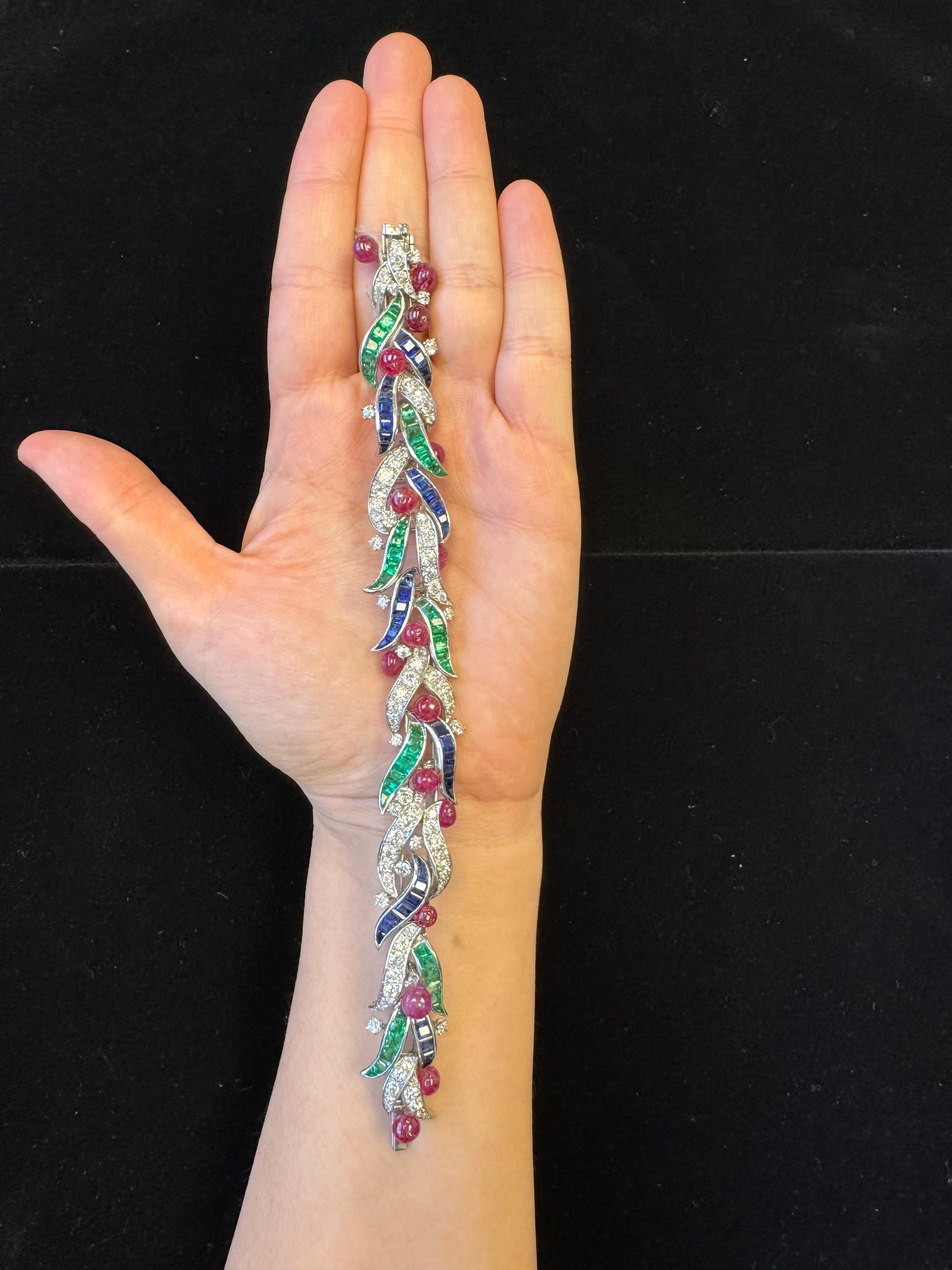Platinum Foliate Bracelet with Cabochon Rubies, Sapphires, Emeralds, & Diamonds For Sale 4