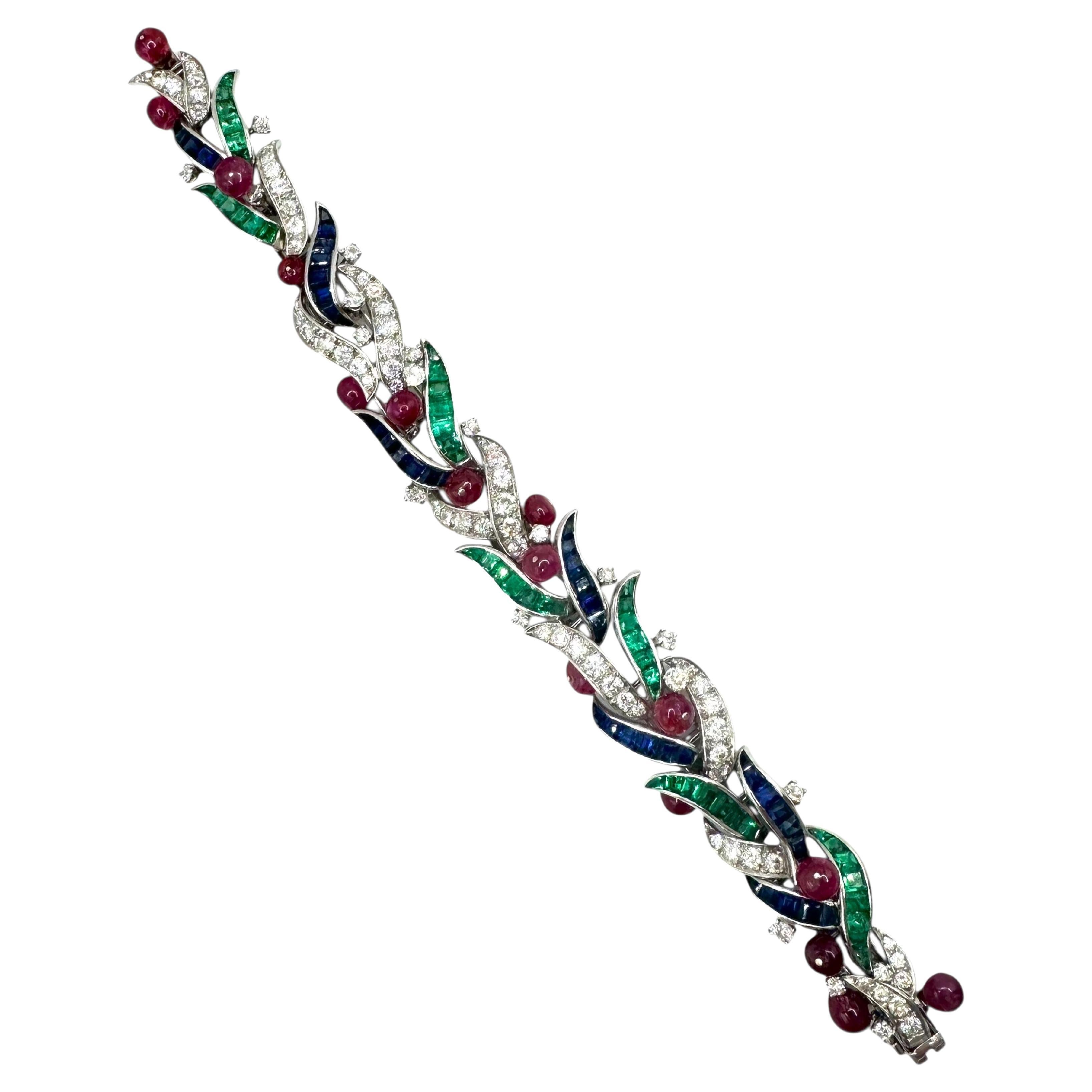 Platinum Foliate Bracelet with Cabochon Rubies, Sapphires, Emeralds, & Diamonds For Sale