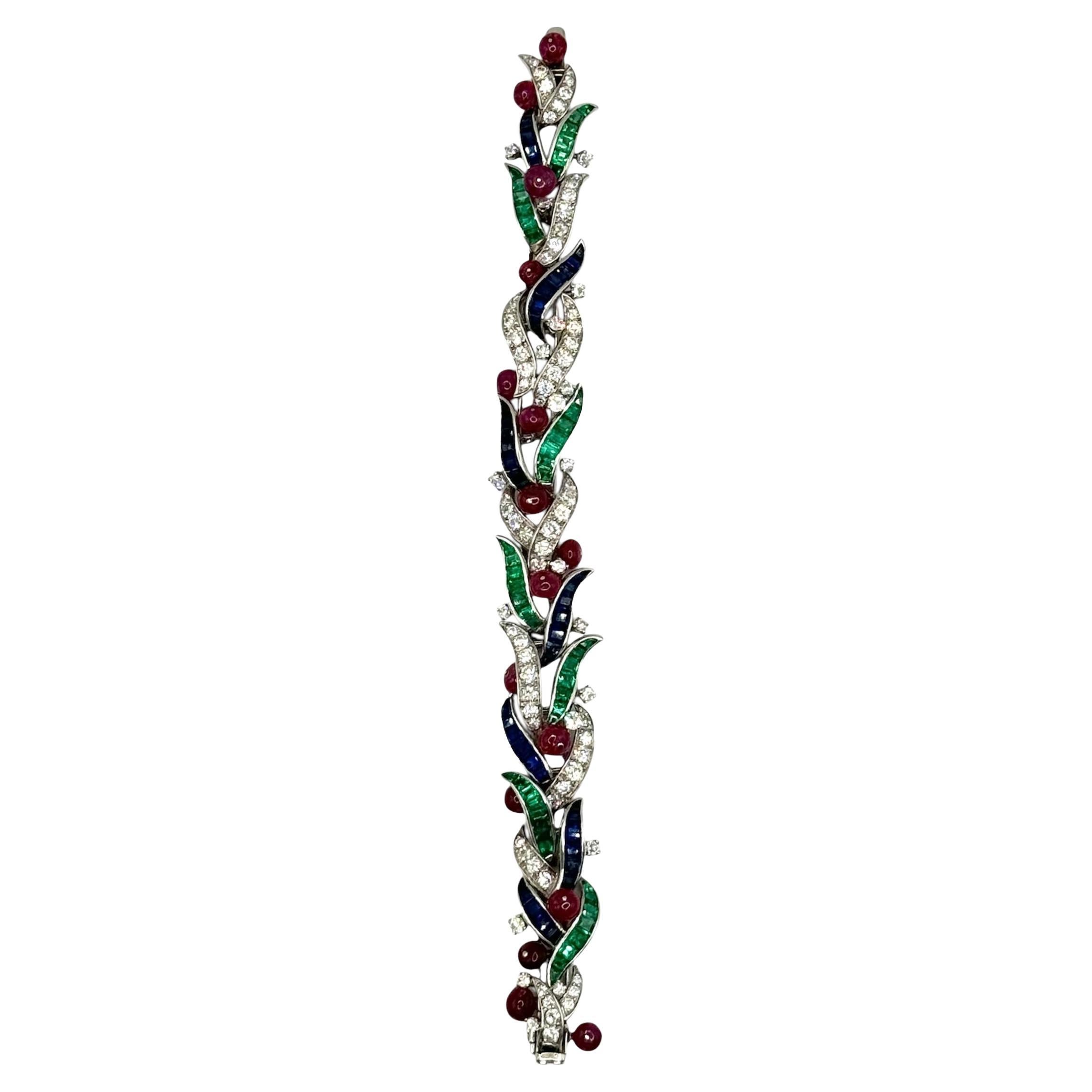 Platinum Foliate Design Diamond and Multi Gem Bracelet