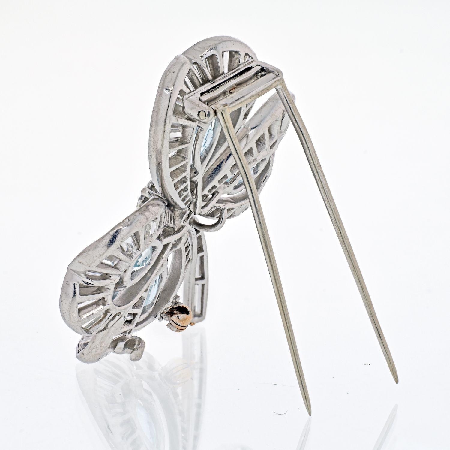 Round Cut Platinum Four Leaf Clover with Aquamarines and Diamonds Brooch For Sale