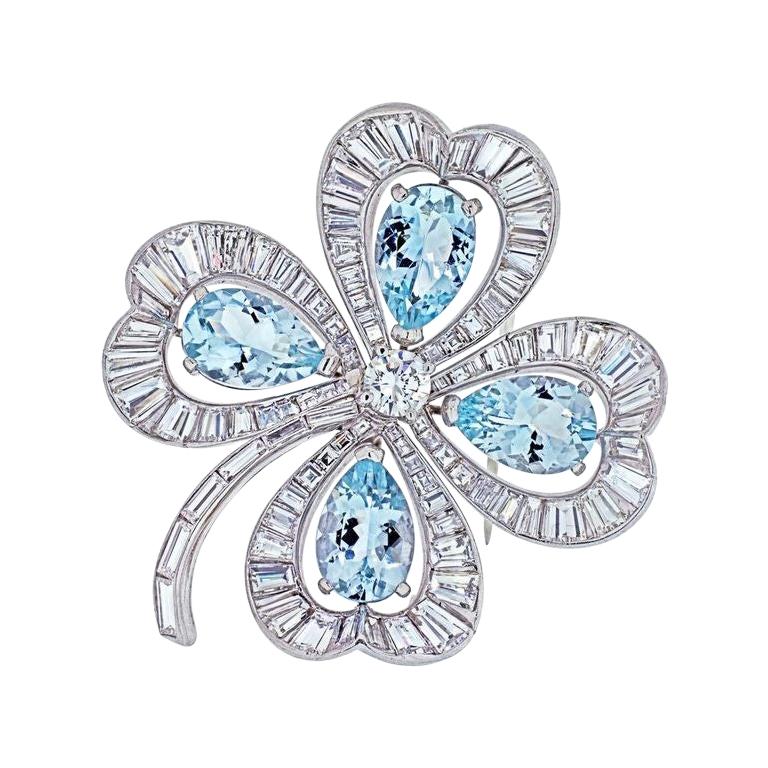 Platinum Four Leaf Clover with Aquamarines and Diamonds Brooch For Sale