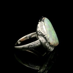 Platinum Free Form Polished Fiery Opal w/ Diamond Textured Nugget Style Ring