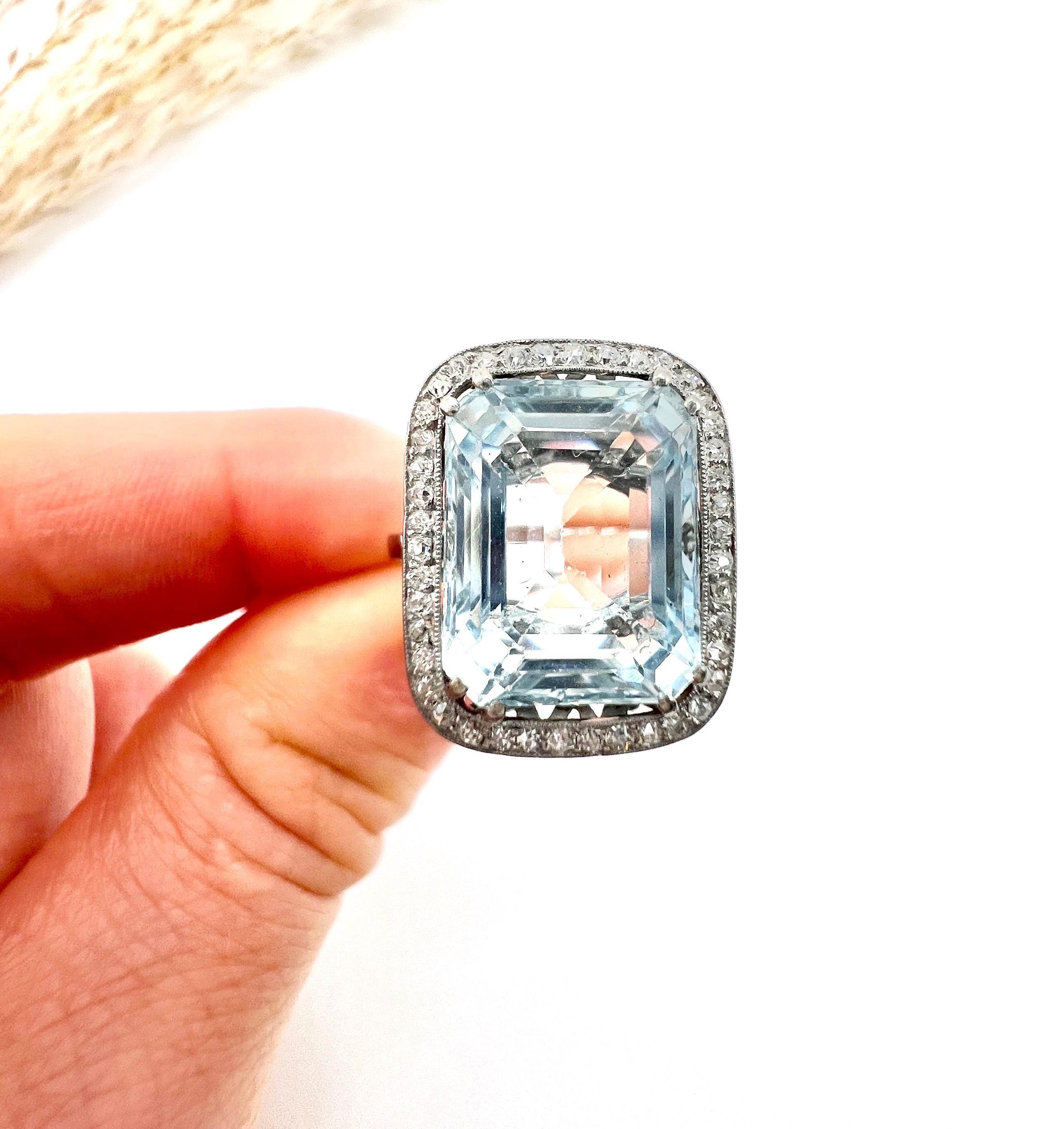 Platinum French, 1940s Emerald Cut Aquamarine & Diamond Halo Ring For Sale 1