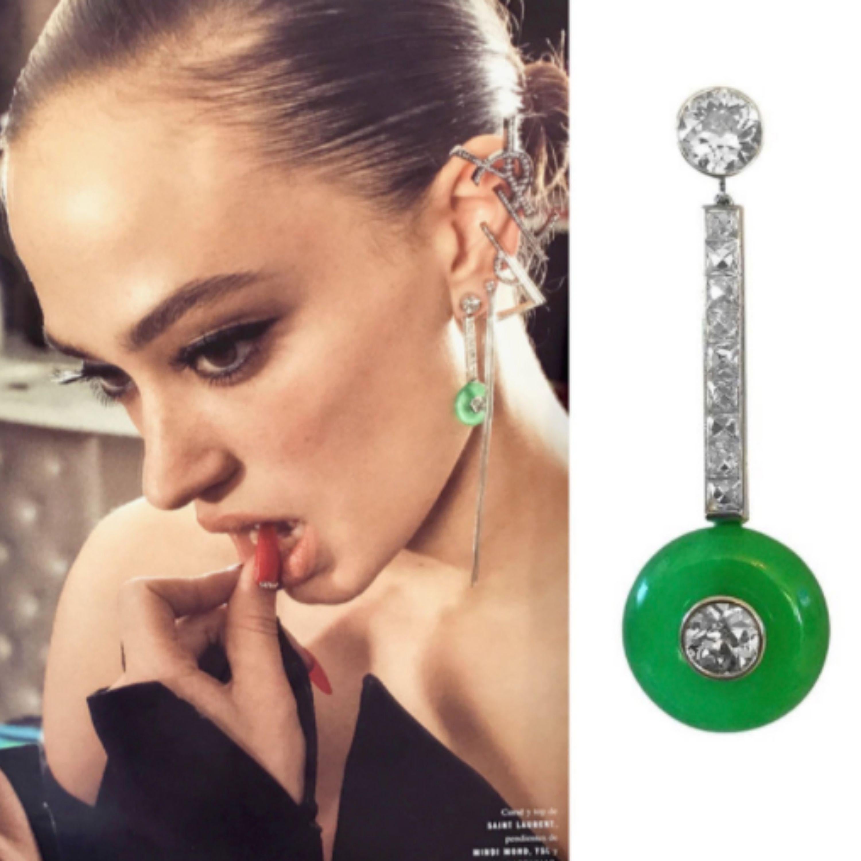 Art Deco Ohrringe aus Platin mit französischem und alteuropäischem Diamant-Jadeit (Art déco) im Angebot
