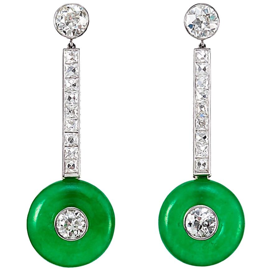 Art Deco French and Old European Diamond Jadeite Platinum Earrings For Sale