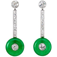 Art Deco French and Old European Diamond Jadeite Platinum Earrings