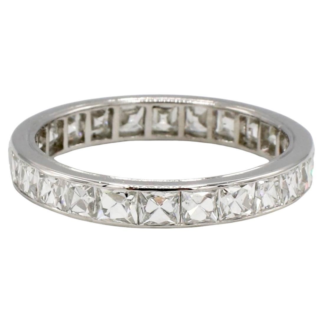 Platinum French Cut 2.50 Carat Natural Diamond Eternity Band Ring 
Metal:l Platinum
Diamonds: 2.50 CTW French Cut F-G VS natural diamonds
Size: 7 (US)
Width: 3.2mm
Weight: 2.95 grams

