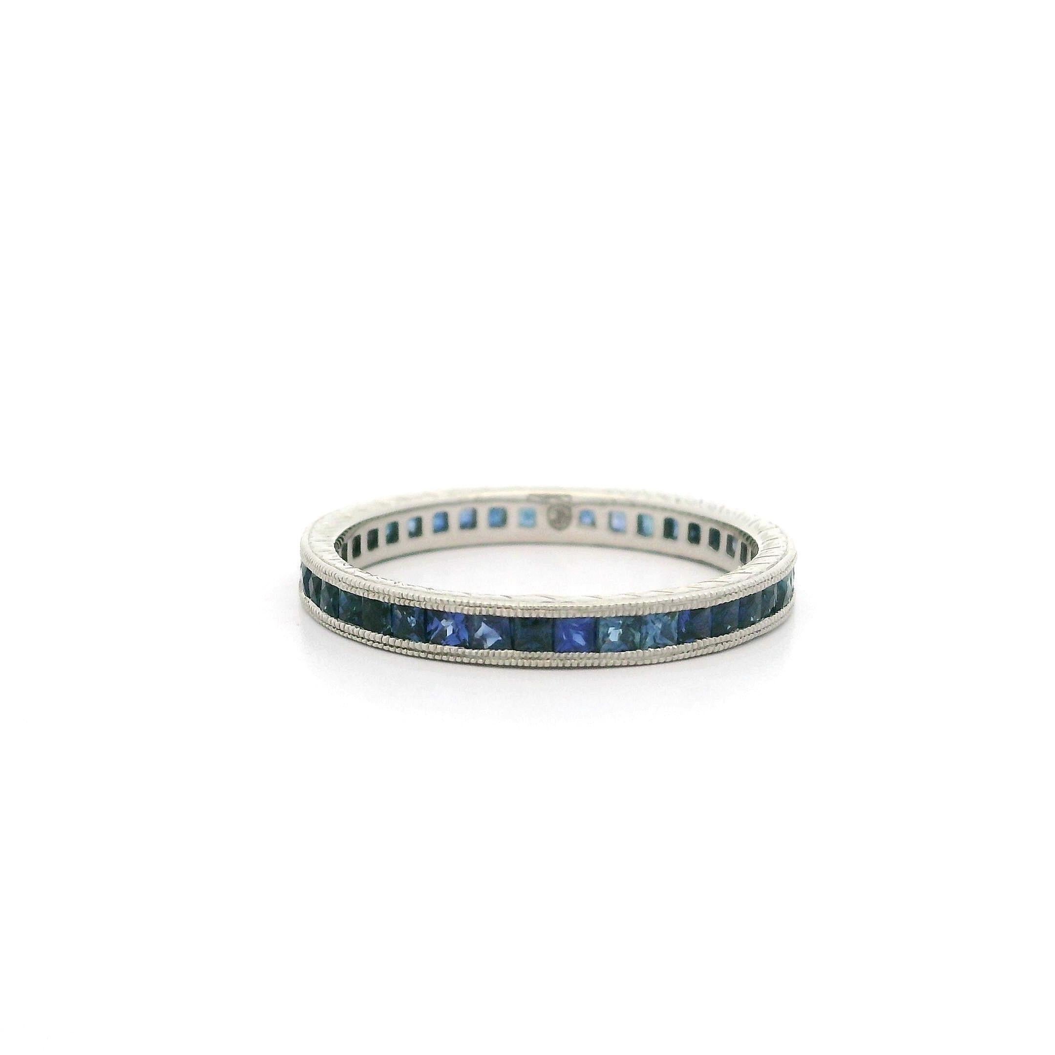 –Stone(s): –
(41) natural Genuine Sapphire - French Square Cut - Channel Set - Rich Blue Color - 1.0ctw (exact) MUST SEE MUCH NICER IN PERSON!

Material: Platinum .950
Total Weight: 2.55 Grams
Overall Width: 2.53mm (0.09