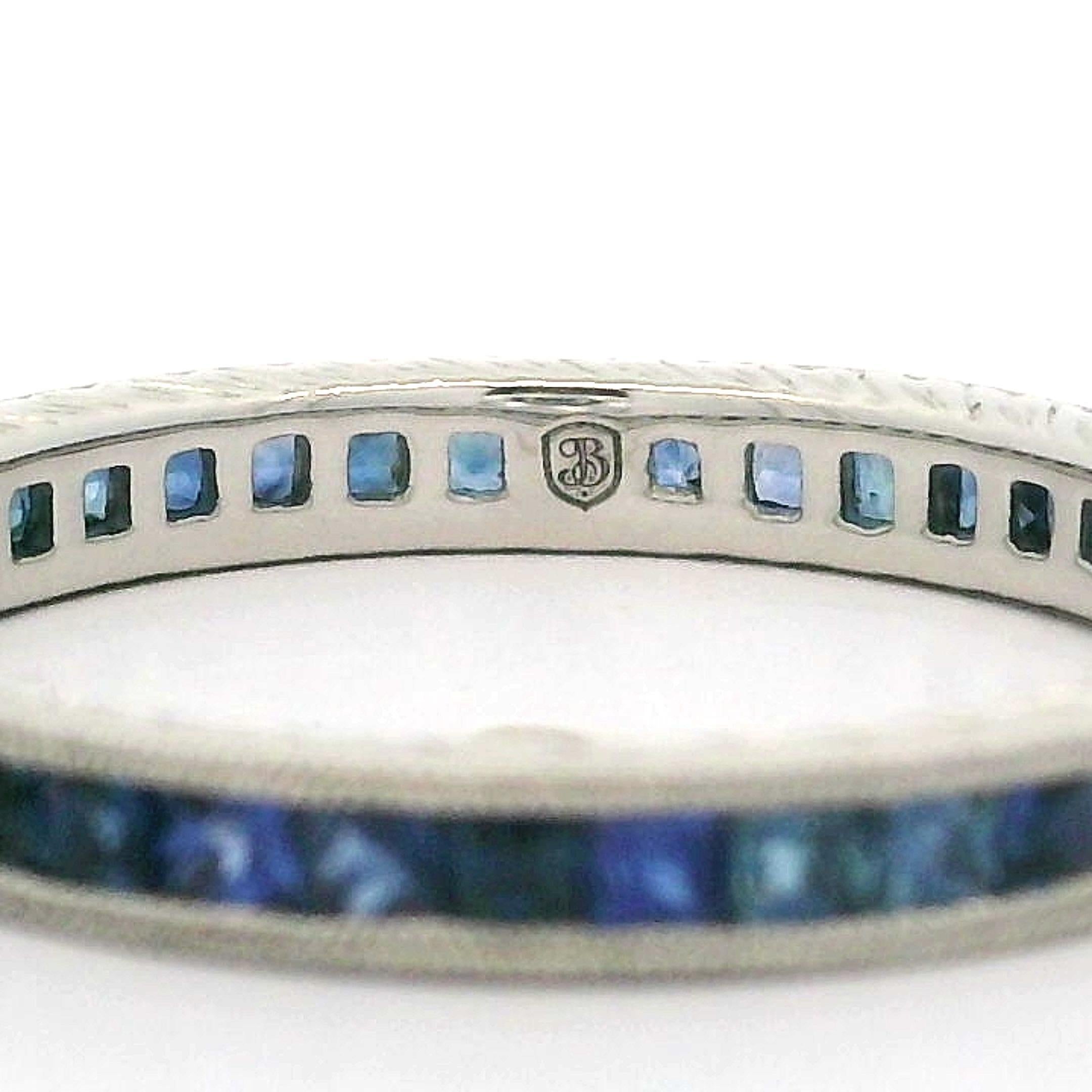 Platinum French Cut Blue Sapphire Engraved Wheat Work Sides Eternity Band Ring In Excellent Condition For Sale In Montclair, NJ