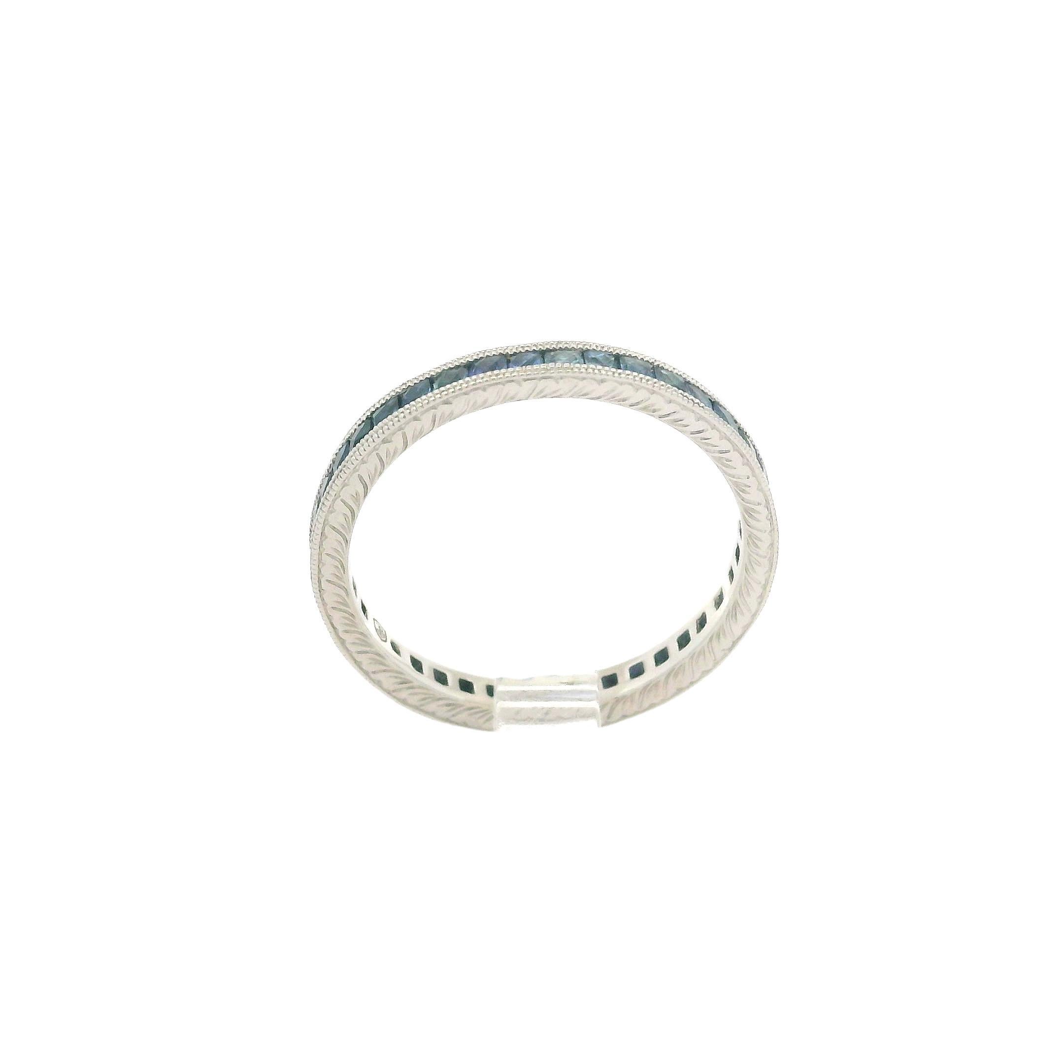 Women's Platinum French Cut Blue Sapphire Engraved Wheat Work Sides Eternity Band Ring For Sale
