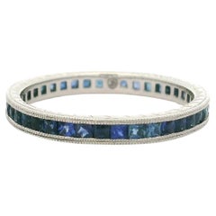 Platinum French Cut Blue Sapphire Engraved Wheat Work Sides Eternity Band Ring