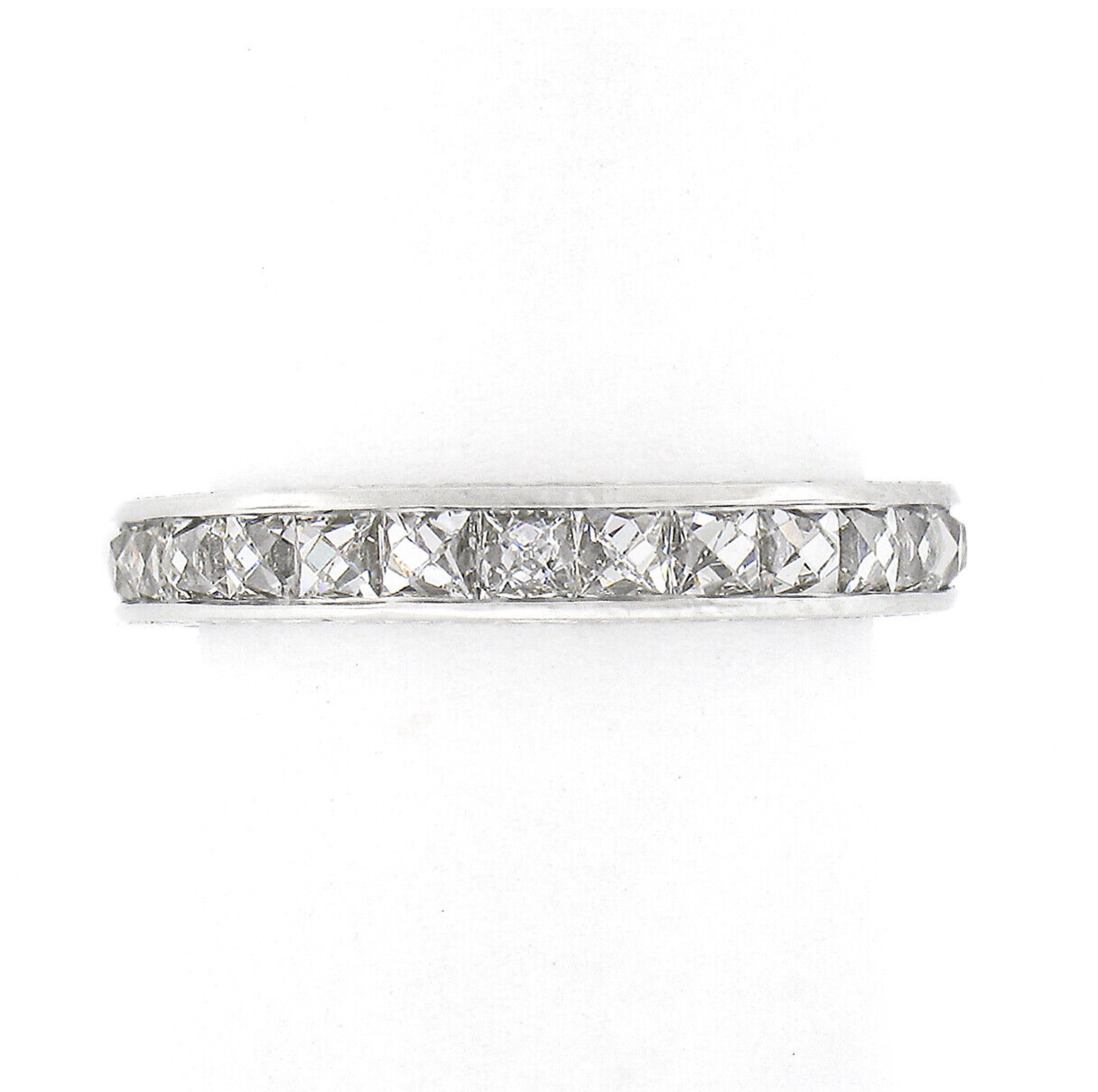 Square Cut Platinum French Cut Channel 3.0ctw Diamond Hand Engraved Eternity Band Ring For Sale
