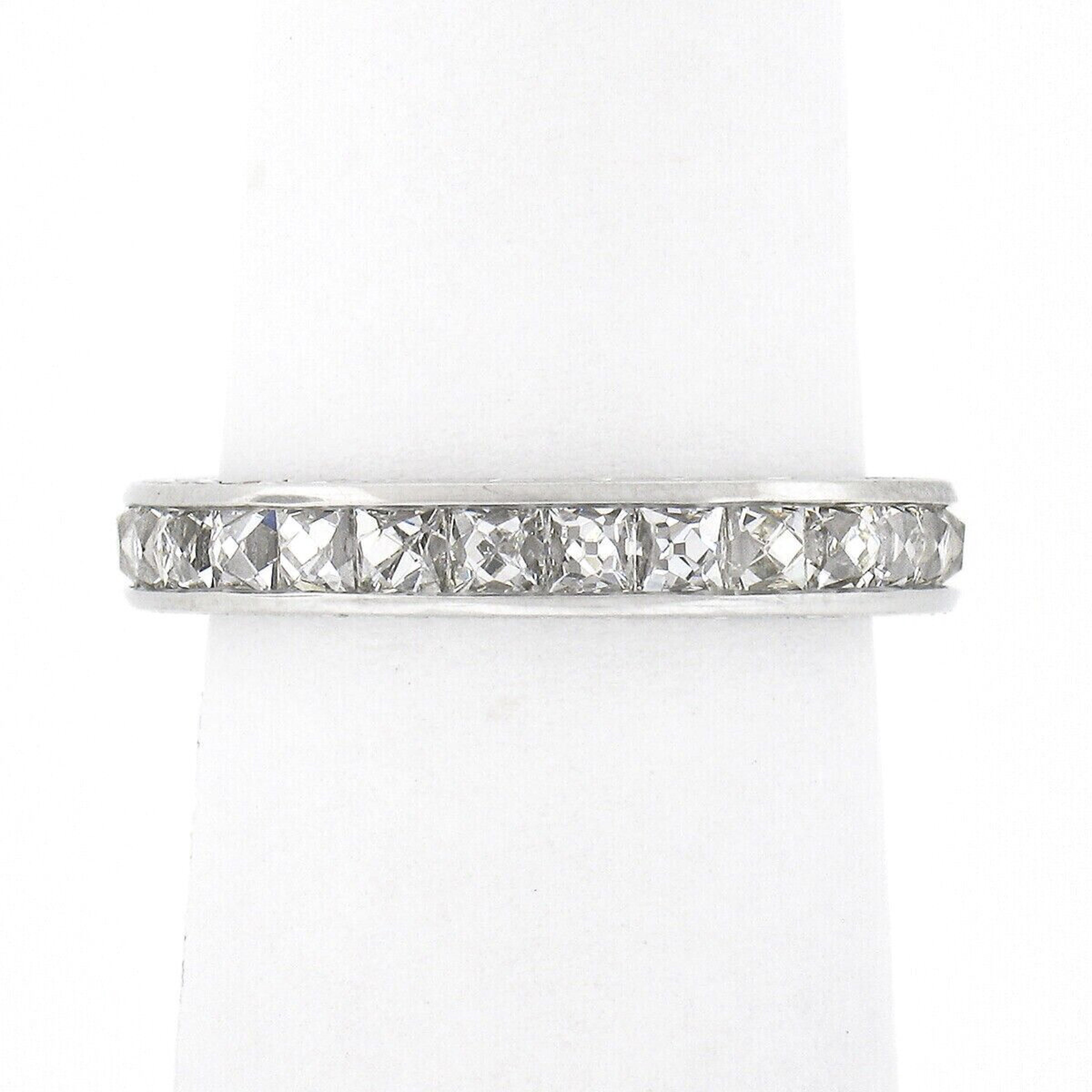 Platinum French Cut Channel 3.0ctw Diamond Hand Engraved Eternity Band Ring In Good Condition For Sale In Montclair, NJ