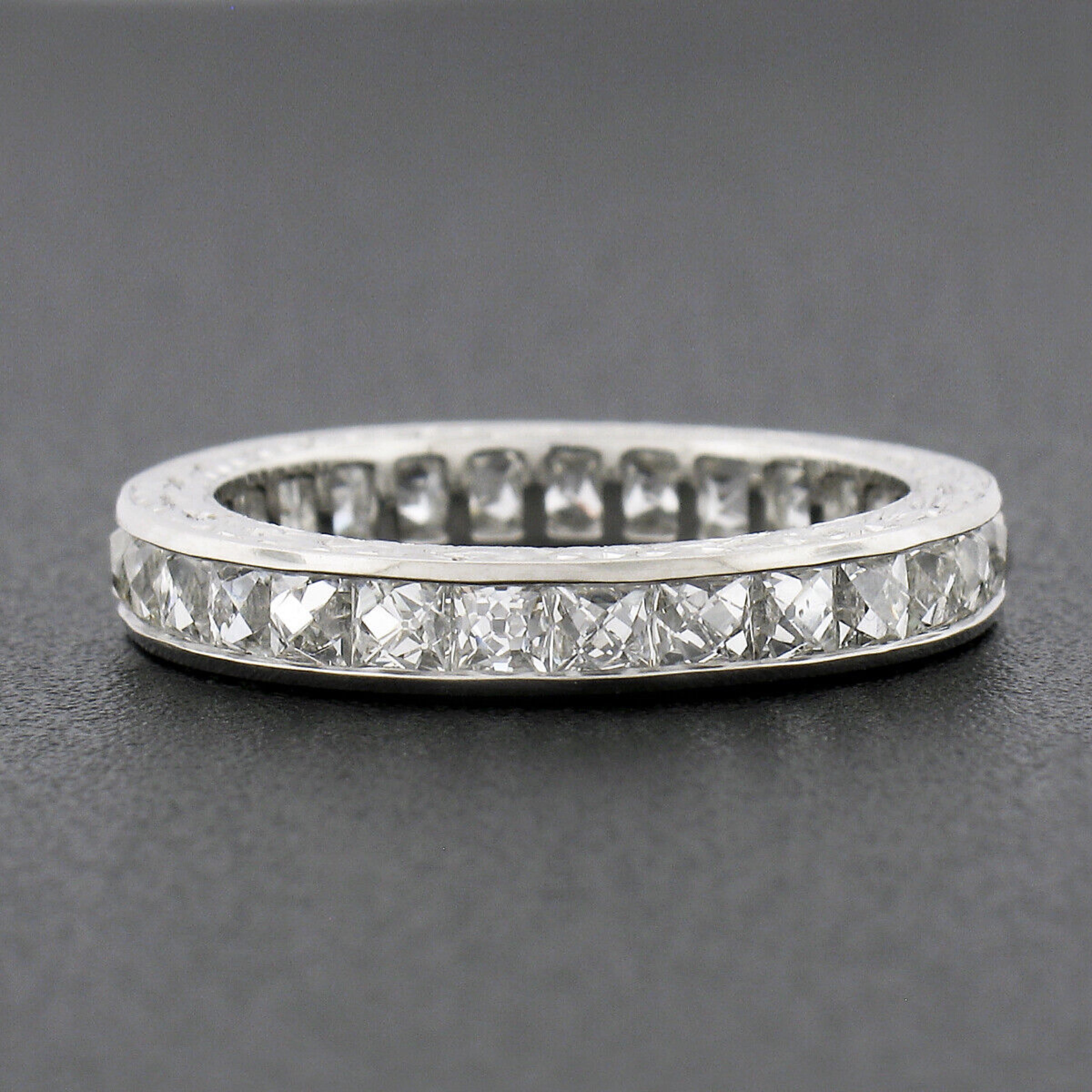Women's Platinum French Cut Channel 3.0ctw Diamond Hand Engraved Eternity Band Ring For Sale