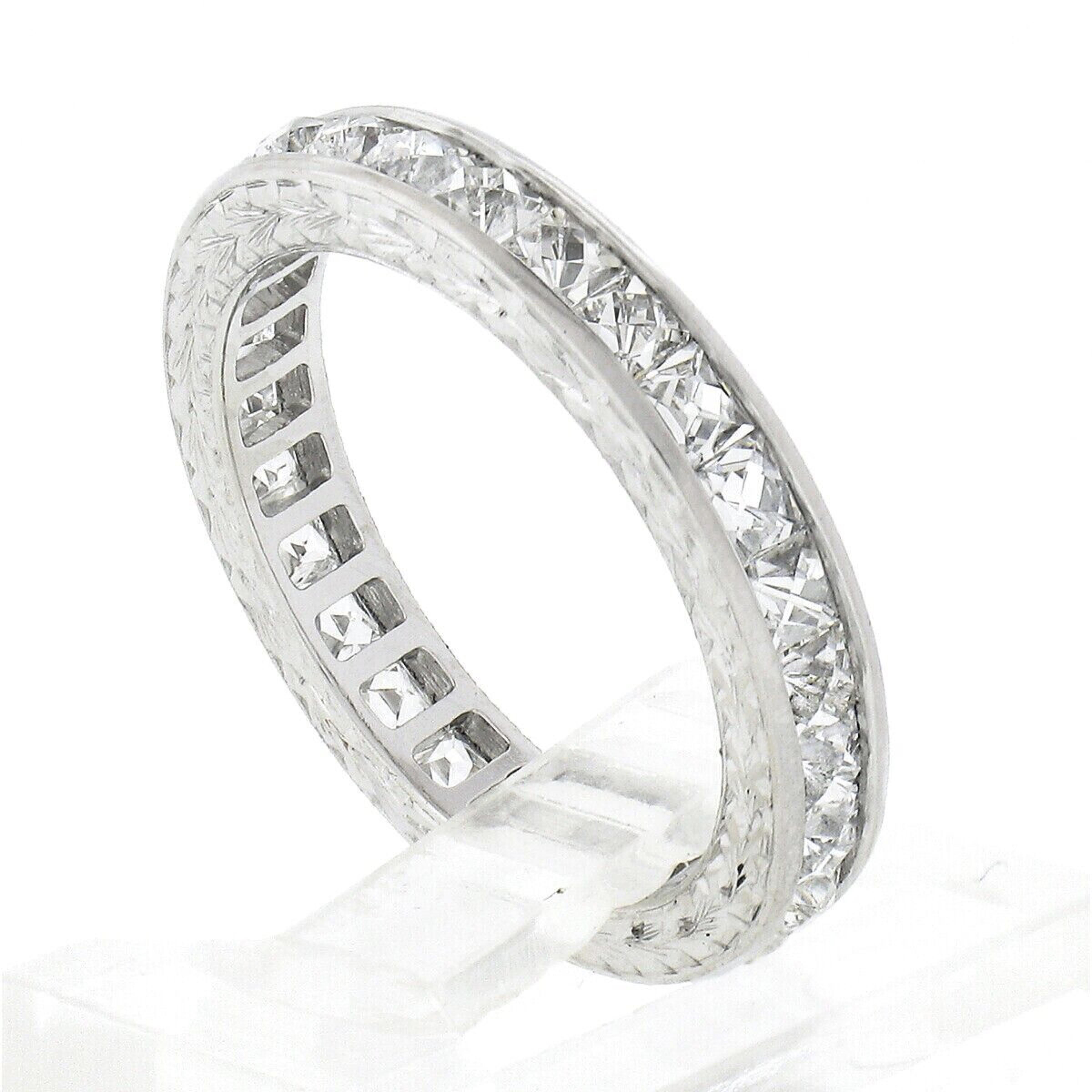 Platinum French Cut Channel 3.0ctw Diamond Hand Engraved Eternity Band Ring 3