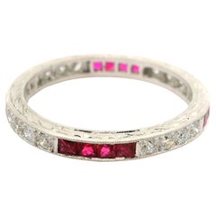 Platinum French Cut Ruby Brilliant Diamonds w/ Hand Engraved Sides Band Ring Platinum French Cut Ruby Brilliant Diamonds w/ Hand Engraved Sides Band Ring