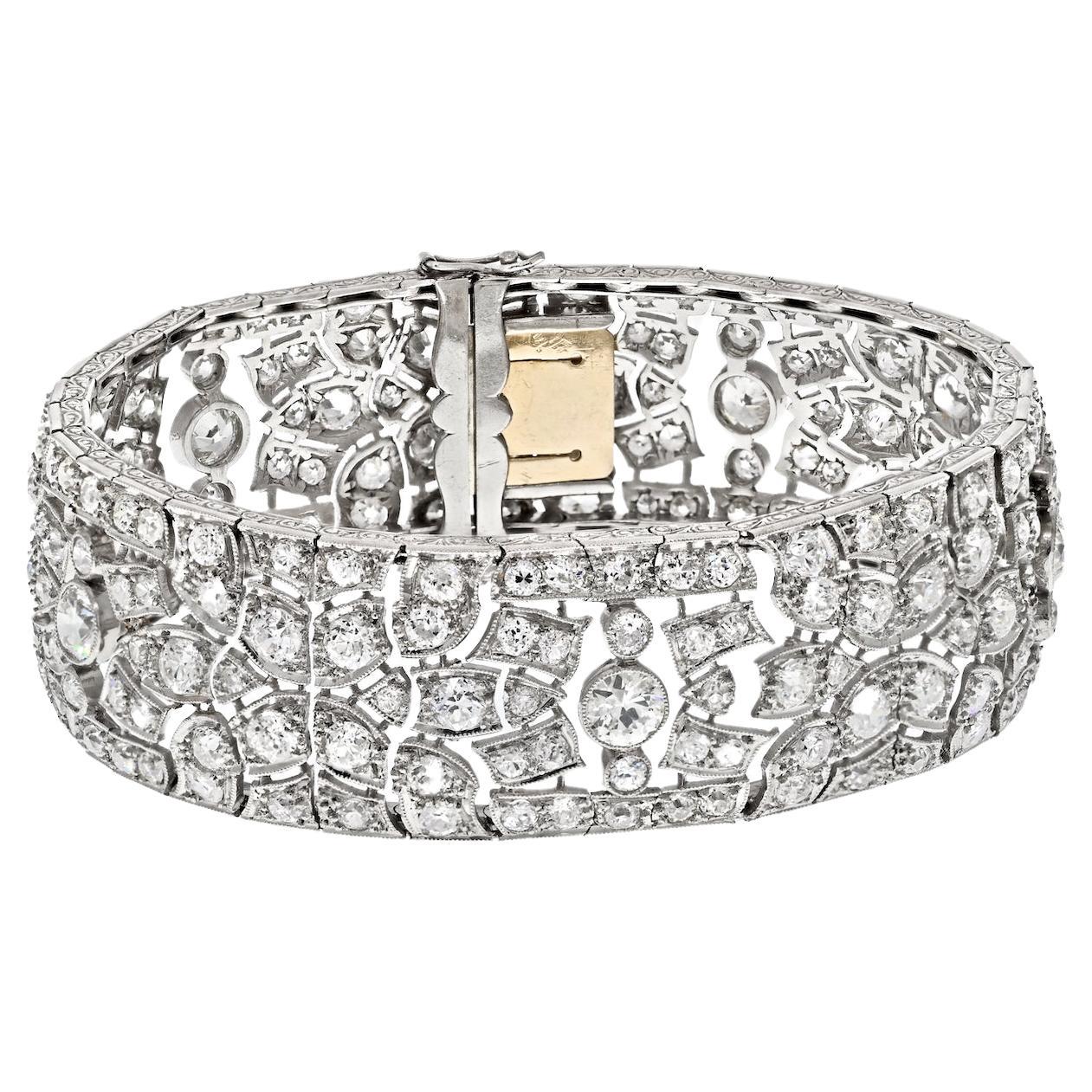 Bracelet vintage en platine avec diamants taille ancienne de 30,00 carats, style déco français