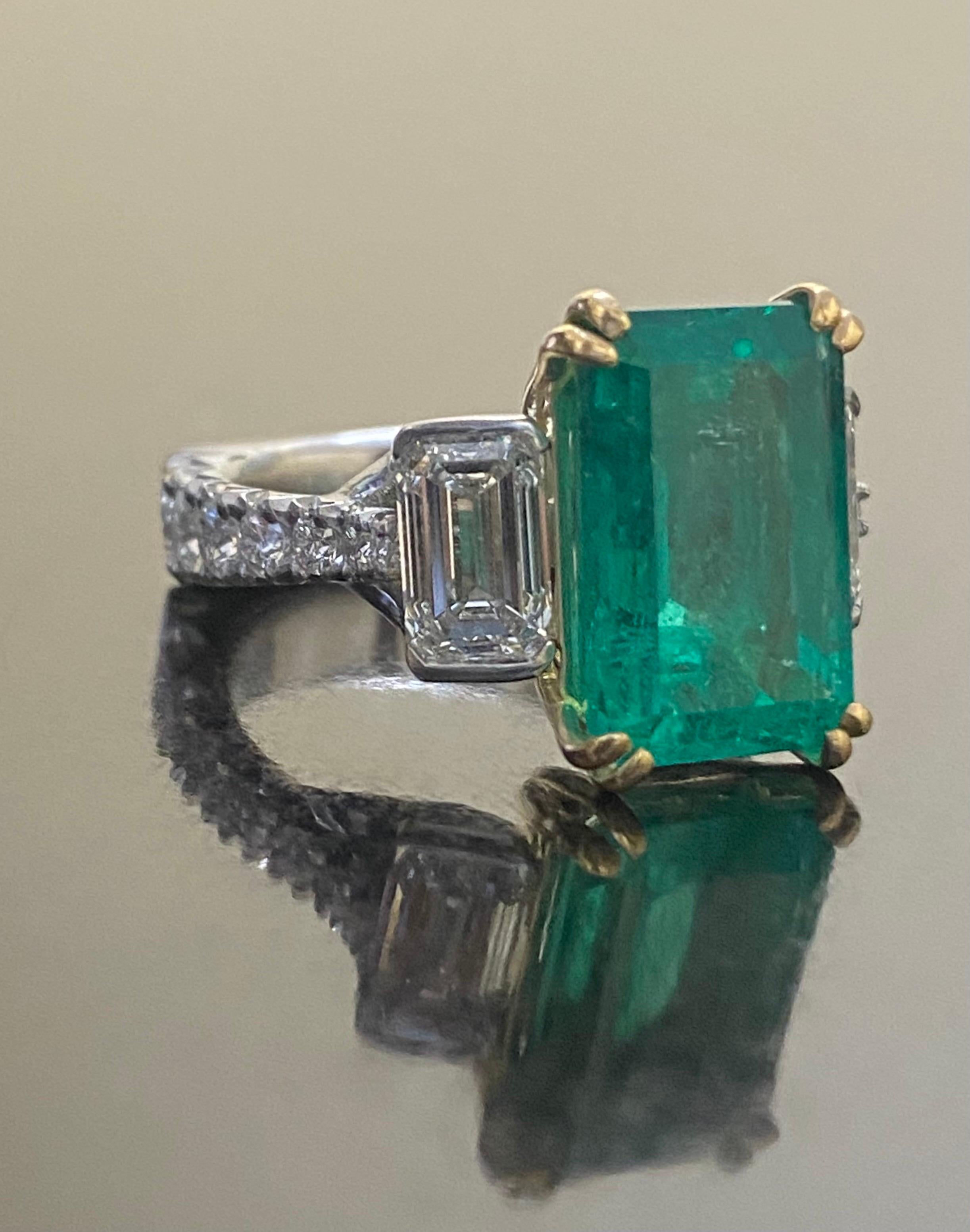 Art Deco Platinum French Pave Emerald Cut Diamond 6.78 Carat GIA Colombian Emerald Ring For Sale