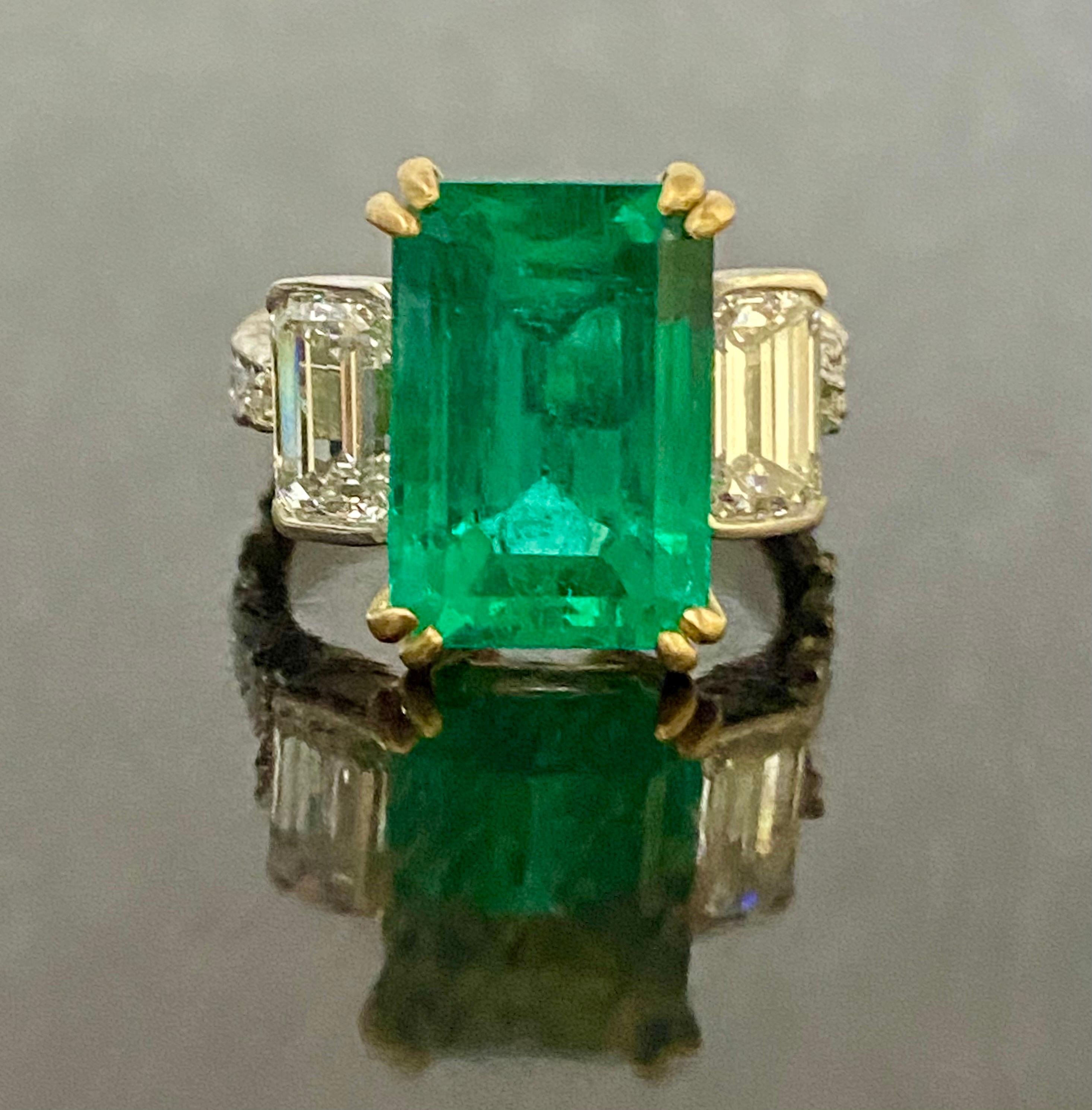 Platinum French Pave Emerald Cut Diamond 6.78 Carat GIA Colombian Emerald Ring For Sale 3