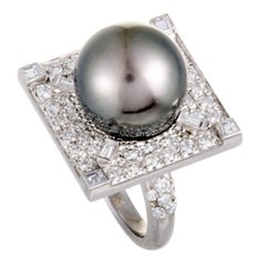 Platinum Full Diamond and Black Pearl Square Ring