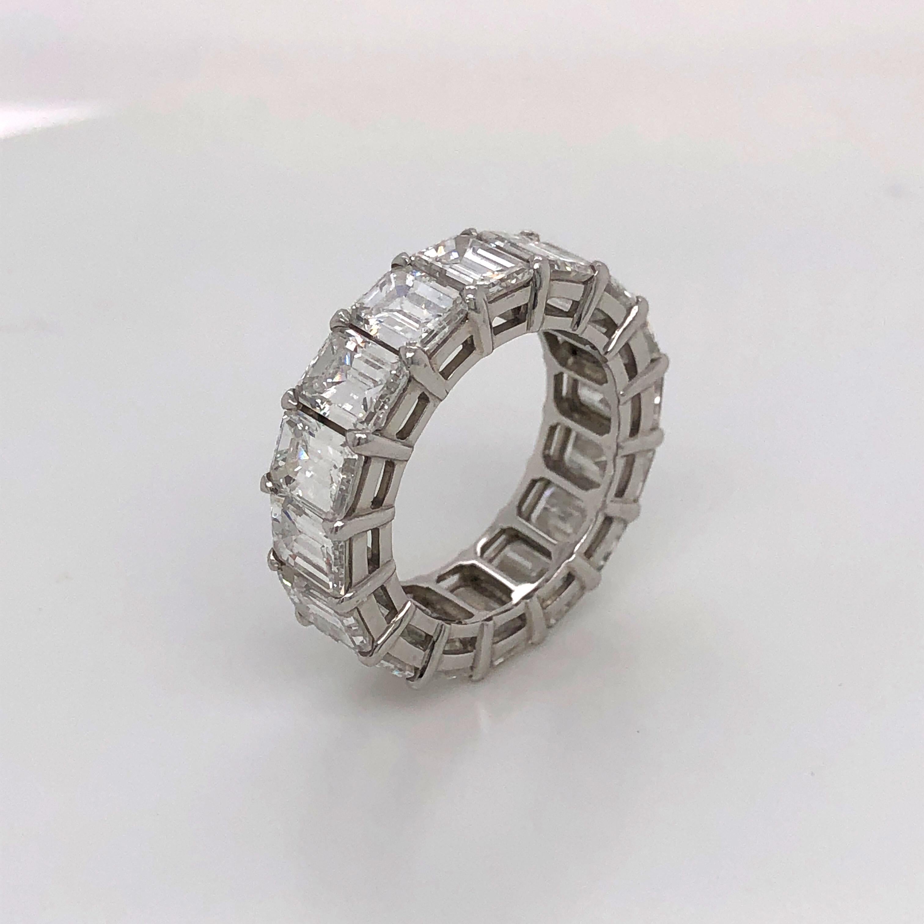 Art Deco Platinum Full Eternity Diamond Emerald Cut Ring.
17 Emerald Cut Diamonds totaling in 10.57 ct 
Each Stone is GIA Certified
Size 5 US