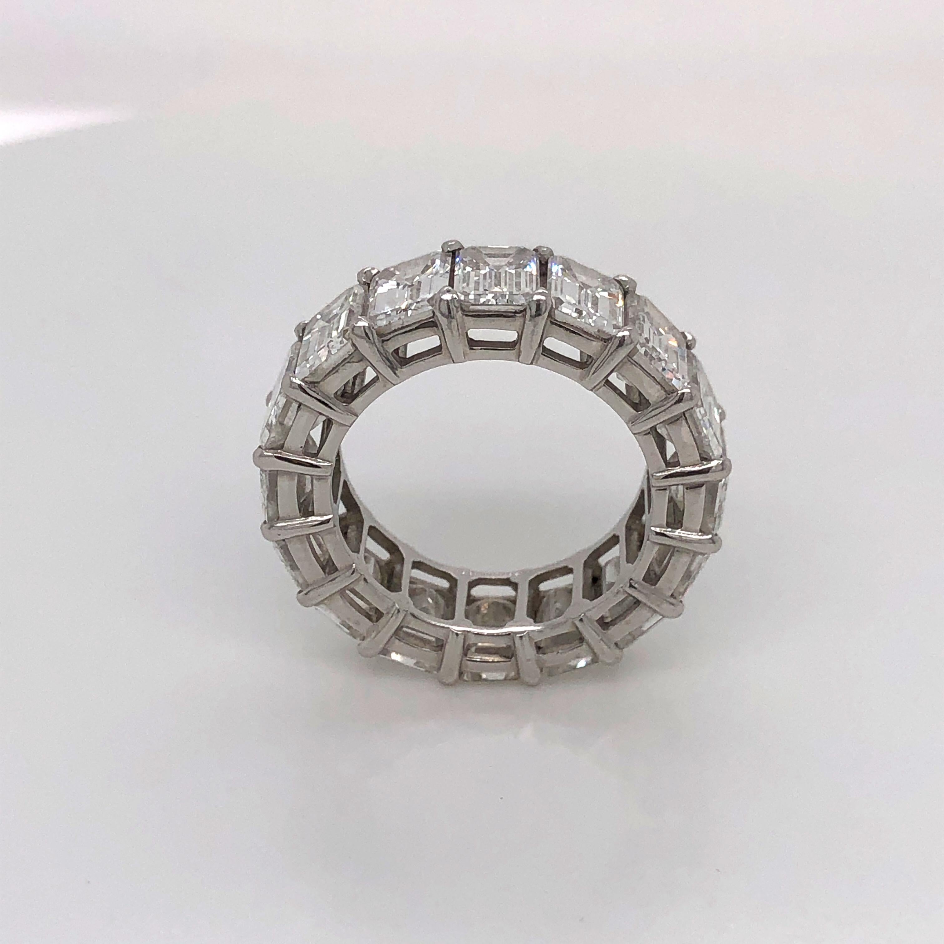 Art Deco Platinum Full Eternity Diamond Emerald Cut Ring 10.57 Carat GIA Certified For Sale