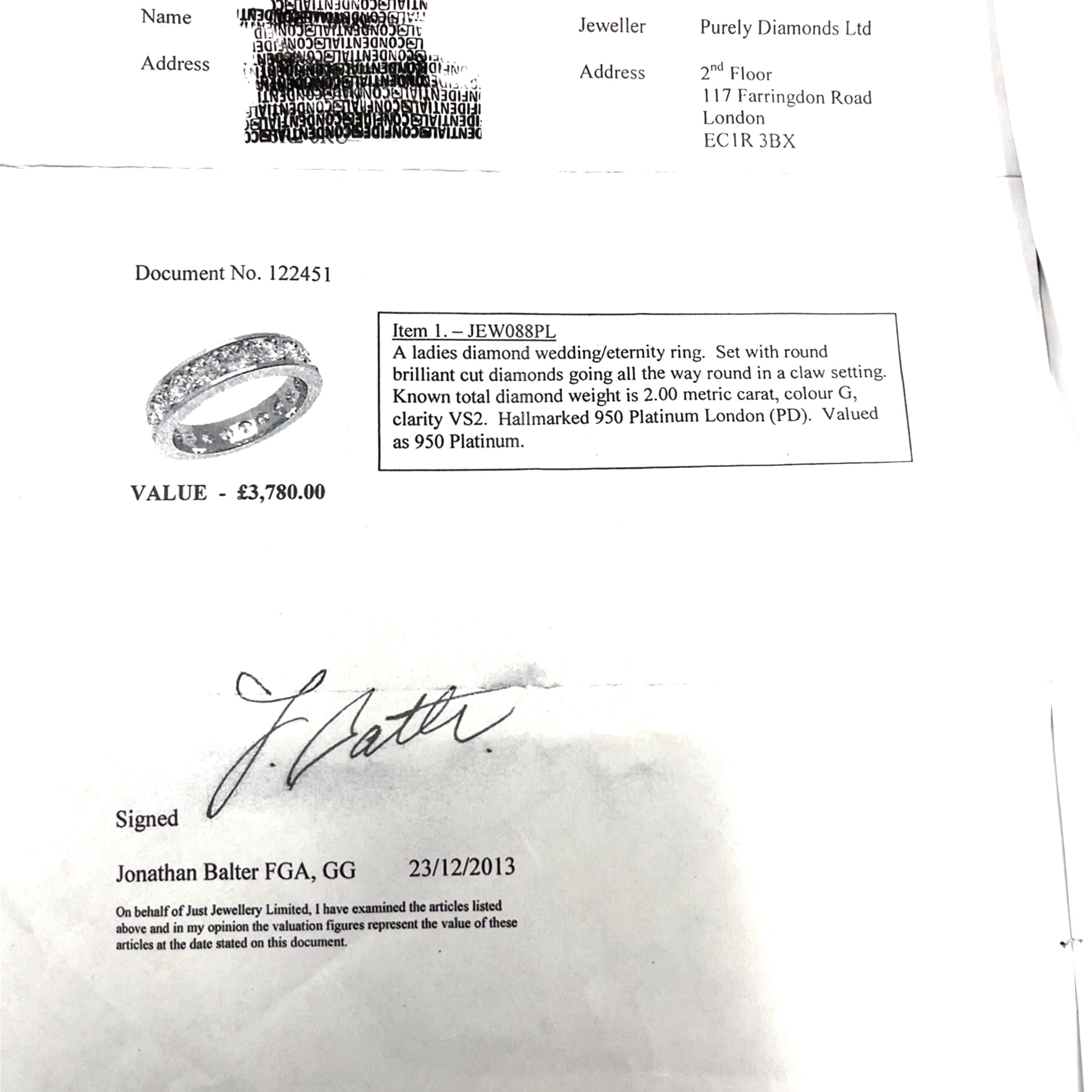 Platinum Full Eternity Diamond Ring, Set With 2.0ct Natural Round Diamonds For Sale 1